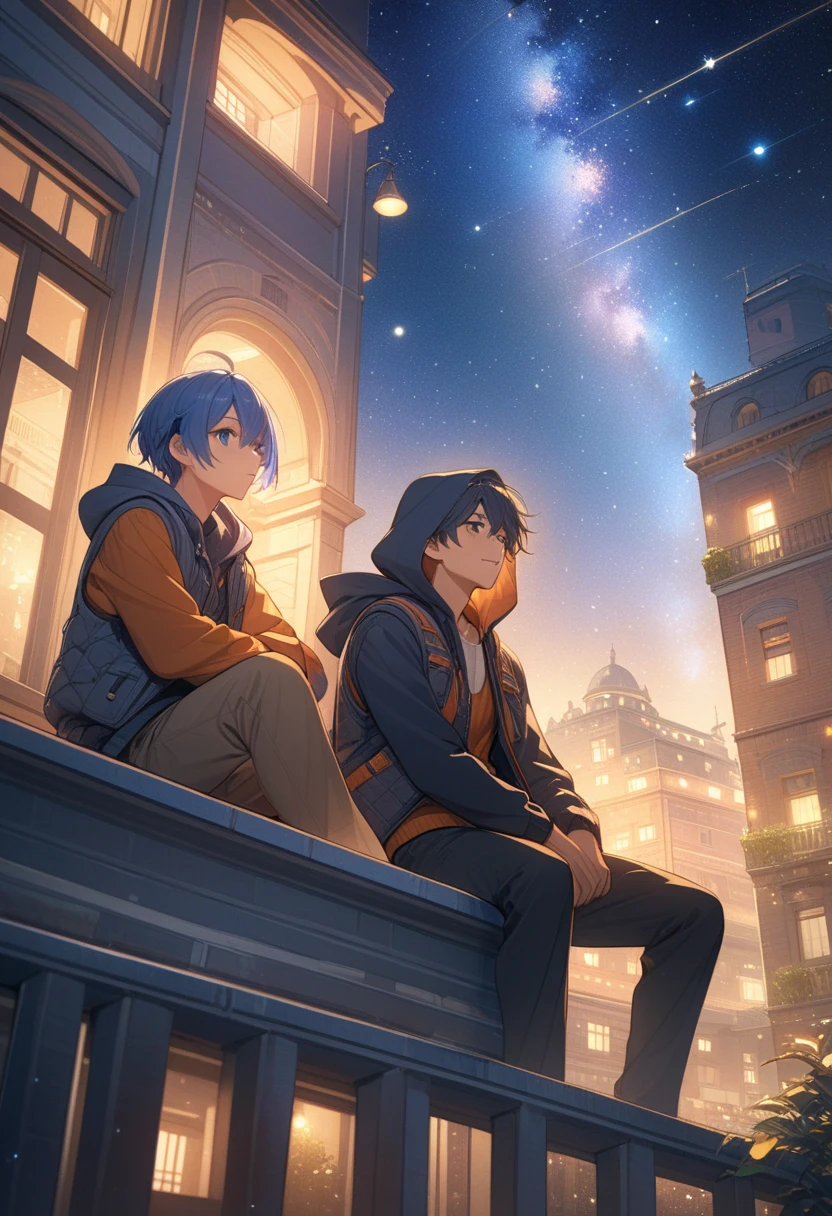 anime, hooded guy, vest, sitting on a building ,  looking at the Stars, Night, stars, Bright Lights,  best quality,  Complex Details ,  lots of details,  best quality, masterpiece,