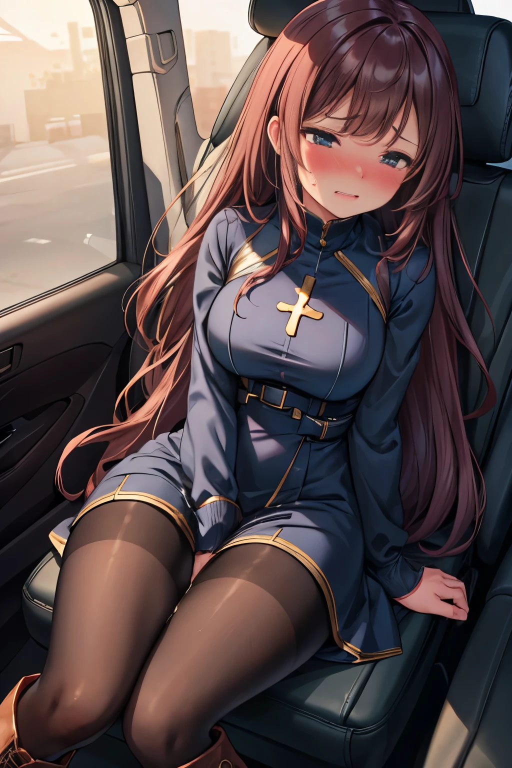 (8K, ultra-detailed, best quality, anatomically perfect body:2), (beautiful breast:1.2), shiny skin, (1 girl), (have to pee), (desperate urge to pee), (her bladder is at its limit:1.3), (sitting shallowly on seat in car:1.6), (fidget:1.5), (maxi dress, pantyhose, ankle boots:1.5), (Untidy hair:1.4), (she squeezes her crotch tightly:1.6), (leaning backward:1.4), (Rub each other's thighs, cross legs:1.5), (shrugs:1.6), (orgasm:1.5), (full face blush:1.7), (embarrassment:1.6), (impatience:1.7), (flustered:1.5), (flowing sweat:0.7), (twist whole body:1.3), (panting), breathless, (Humiliation), (Erotic feelings), (closed eyes:0.95), (She is turn-on to hold pee:1.2), (tear), (head tilt:1.1), (parted lips:1.1), (SIGMA 105 mm F/2.8, 1/100 sec shutter, award-winning), from above, close up waist, nsfw,