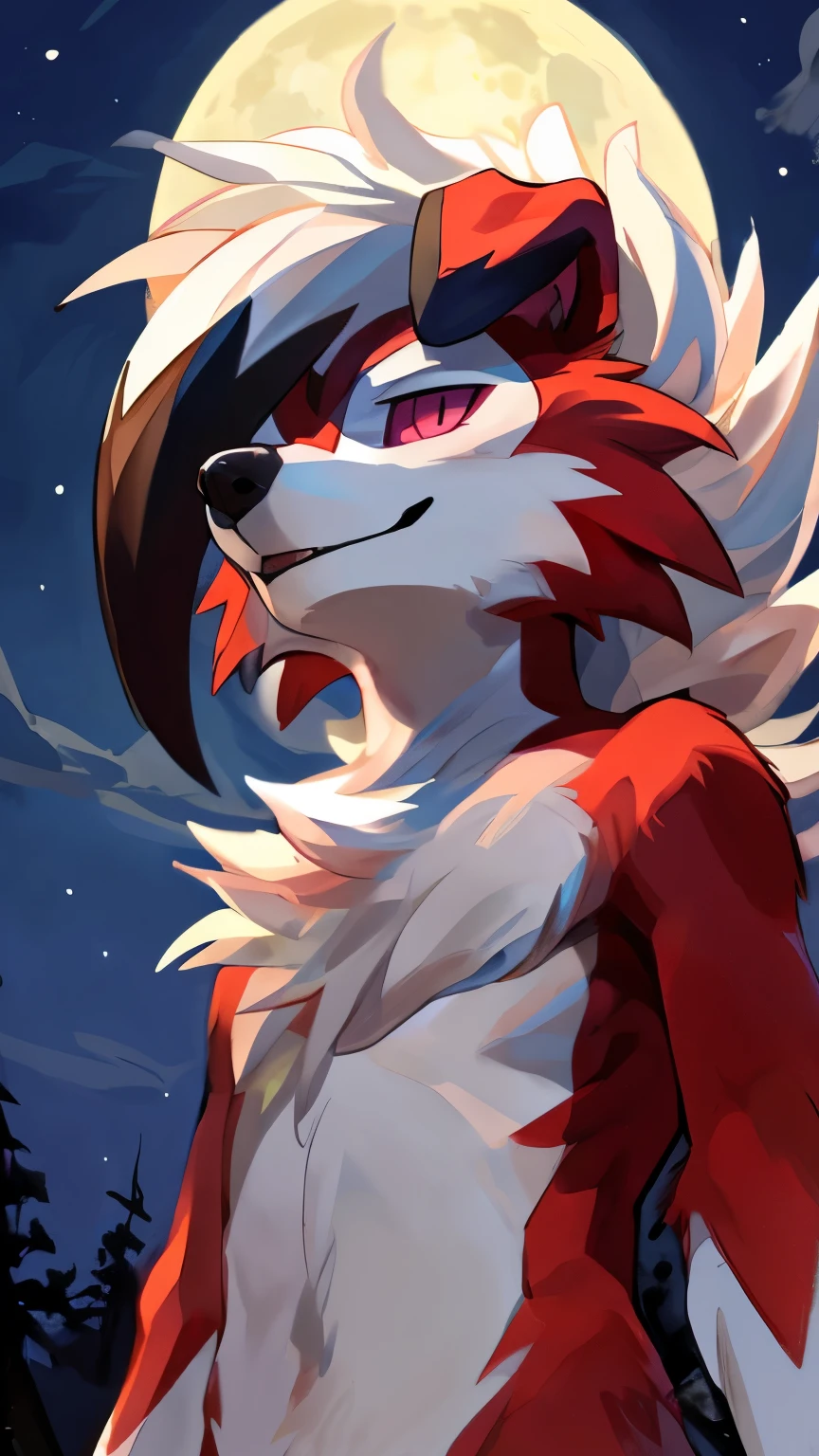 by:windwttom ,a midnight lycanroc, (hand up,in front view face: 1.5),Wintter, , full moon, smiling softly,(Head Focus :1.8)