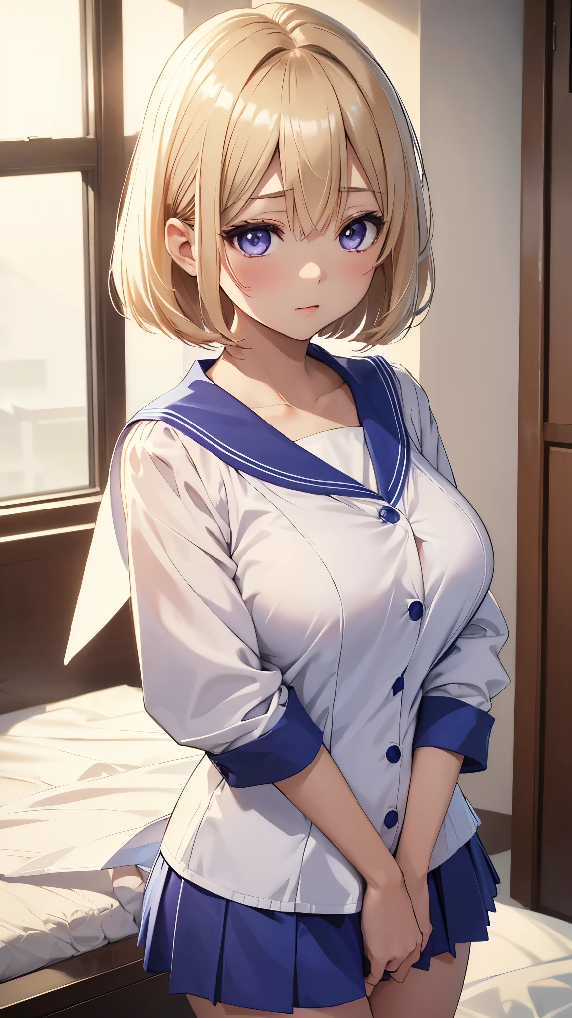 Umino Sachi 、  Masterpiece ,  best quality、  best quality,(8k resolution),Beauty、( looks like an adult), （  Sexy Perfect Style  ）、( Big Breasts )、 blonde bob cut、(White and blue sailor suit)、(  blue skirt)、(( Get closer to my chest ))、  purple eyes