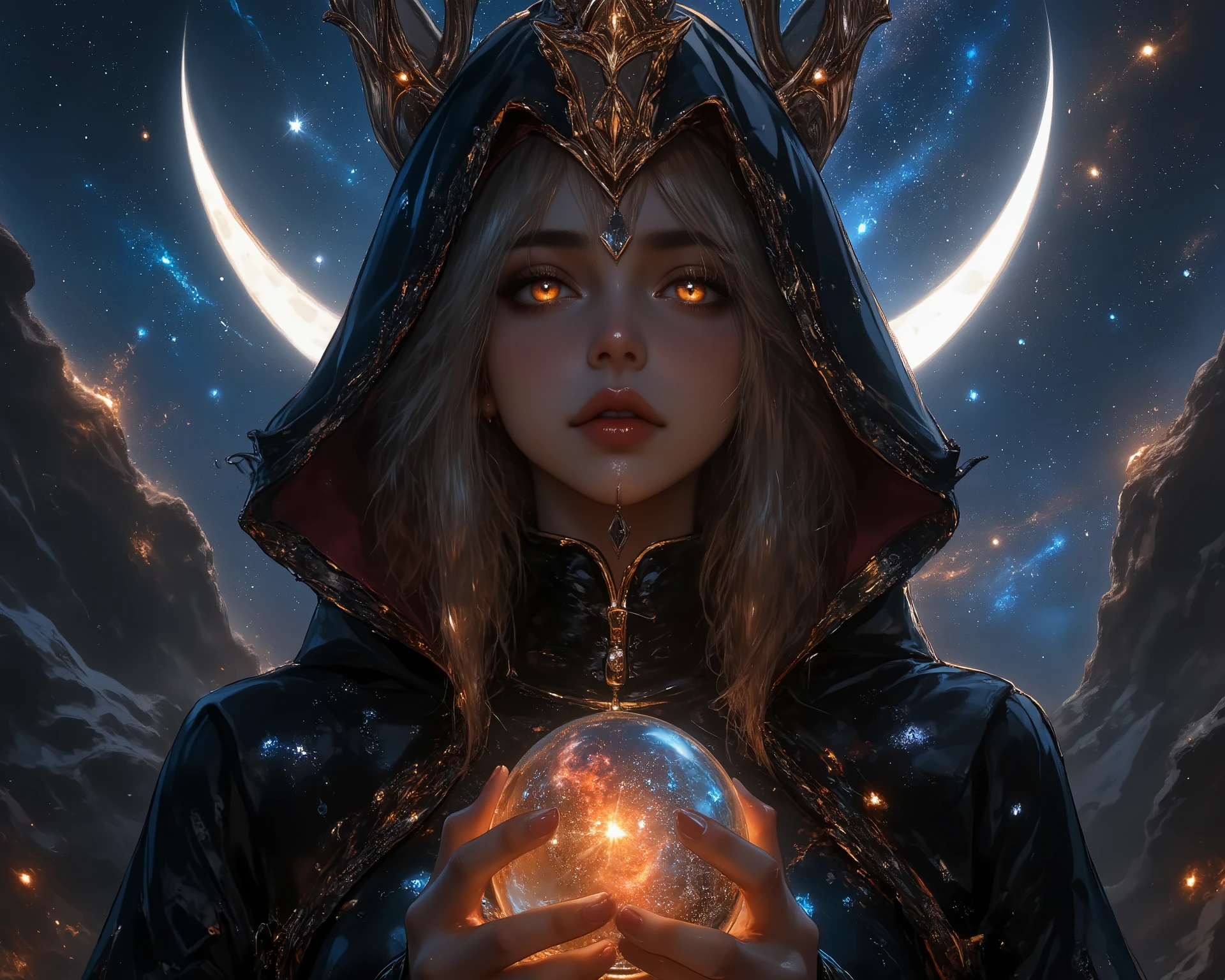 A beautiful mysterious queen, cloaked in shadows, stands amidst cosmic energy, holding a mystic orb. Her elaborate crown is adorned with celestial symbols and stars. Her mesmerizing eyes iris reflecting otherworldly nebulae, shimmering. A crescent moon hangs above her, casting an illuminating otherworldly light on her regal figure. The background is a breathtaking nebula and galaxy. Cinematic UltraHD, oil painting, a detailed painting, ink artistic conception, real paint texture, hyper-realistic, depth of field, fine facial features, dramatic lighting, Realistic, highly detailed, masterpiece, 8k, Cinematic Composition, dark moody vibe, Dramatic Shadows, Intricate and elaborate pattern, 30 megapixel, chiaroscuro lighting, moody color palette, deep contrast, realistic anime style, A fusion of the styles of Katsuya Terada, Range Murata, Akiman and JUNNY