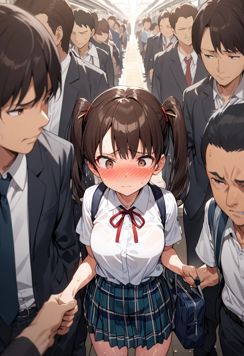 , japanese school girl,dark brown hair,twintail,hair pin,matal grasses,at train ,perfect body,easy-going face,White shirt blouse,sweaty, plaid skirt,trouble,(tits grab from bihind crowd), twin tail, blush、molested, anatomically correct, Japanese sound effects, Crowded trains, heavy crowds, blushing, disgust, Anatomically correct depiction of details, can't move in the crowd, Closely attached, one scene,wear a school bag, half eye,