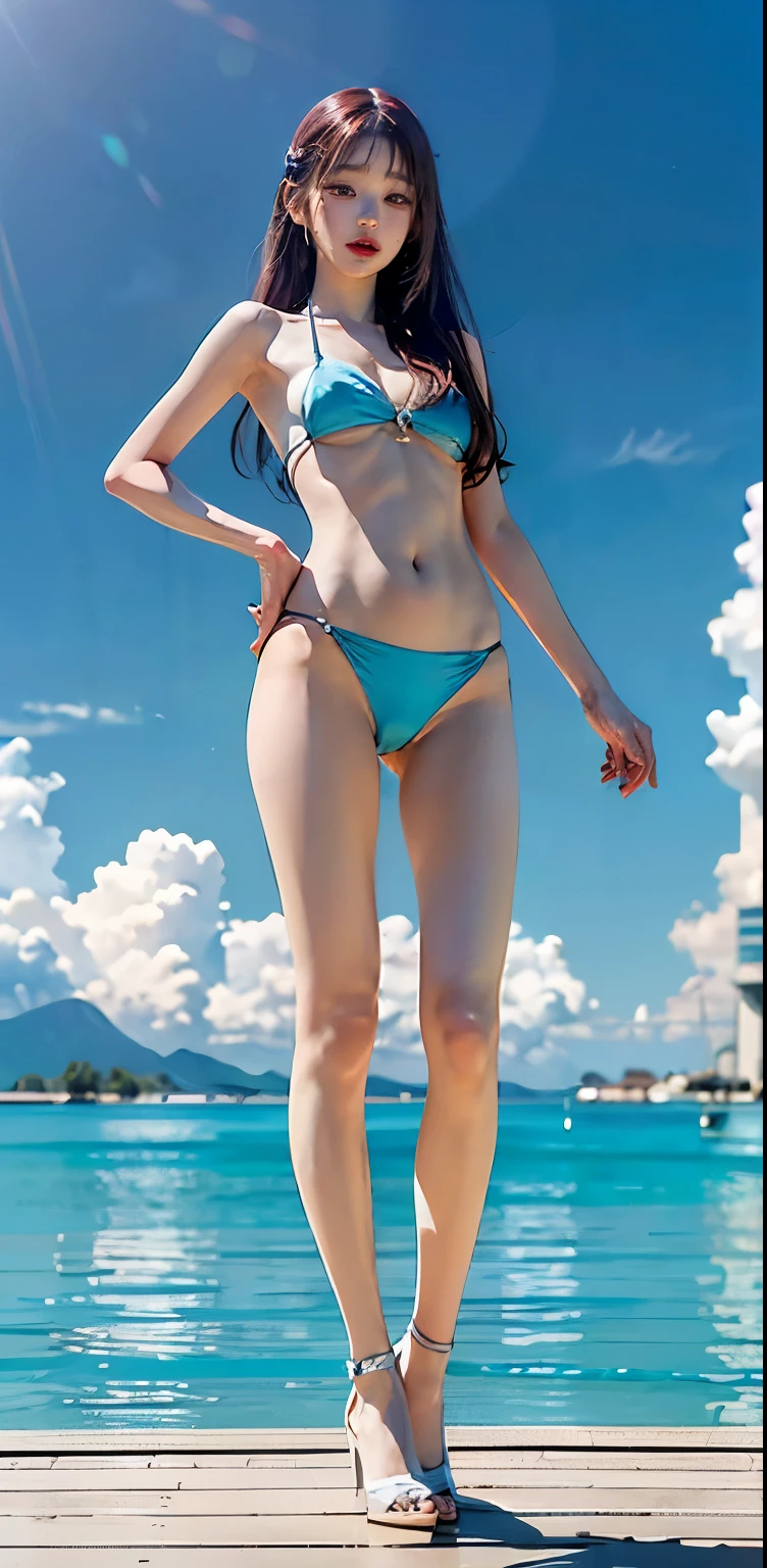  8K ultra HD，masterpiece， Max Image，( realistic like the picture :1.3),Beautiful girl，((Type I Valley)), ((K-POPアイドルのIVEのWonyoungそっくり:1.9)), ((  full body shot :1.5)),(White string bikini with a high degree of skin exposure :1.2),(( stand with legs spread to shoulder width :1.3)),( standing with legs extended straight :1.2),(( that only hides the nipples and pussy:1.2))，(( perfect face)),Perfect Nose,( woman on white deck of luxury yacht:1.2)，( stands with her back straight),(( bare skin :1.4))，(( Take a picture of your whole body from below to make your legs look longer :1.2)),( Super realistic skin texture is reproduced in detail down to the smallest detail),(Reproduces even the smallest pores on the skin in detail),((Reproduces the curvature of the skin more three-dimensionally and realistically down to the smallest detail)), long black hair ，Smooth Hair，((Wearing white high heels))，Sparkling，(age girl 々Reproduce beautiful skin in detail down to the smallest detail )，((Extreme exhibitionism))，(Turquoise waters)，stand up， stand with legs spread to shoulder width ， full body display ，(((Inseam is half the height)))，(((Wonyoung:1.2))), medium bust，( fully erect nipples)，glowing flare ，((( long legs )))，(((Too thin legs )))，(( small ass ))，((超 slim過ぎるモデルスタイル))，( large gaps between thighs )，( slim,  musculoskeletal々, Typical athlete )，(((  full body shot )))，Long arms，Thin hands，Long thighs，( Too thin thighs )， cute， beautiful girl with nine heads ，( extremely thin but well-trained abs)，(Extremely thin anorexic body type ),((He is 175 cm tall))，Age: 18，(( female model who is weakened, hungry, and extremely thin due to anorexia))，Too thin waist,(Well trained, Muscular Abs)，(( vaginal cracks have also been recreated in detail.))， very detailed nipples and areolas ，Stand with your feet shoulder-width apart，(Camel Toe)， turn your whole body towards me ，(Incredibly skinny body), extremely undernourished body ,(Defined collarbone),(( Anatomically Correct))