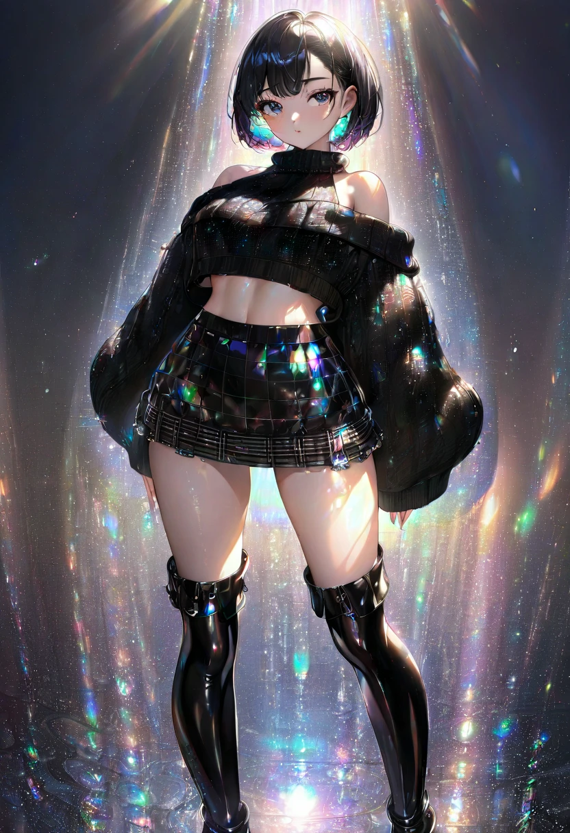 cool beauty, shiny silky short hair, amorous and lewd expression, captivating eyes, superlative body proportion, wearing black wide open shoulderless crop top oversized knit fluffy girly sweater, burberry check flare skirt, black thigh-high boots, BREAK background iridescent sparkling water droplets reflecting the sunlight, ultra detailed, absolutely resolution, masterpiece