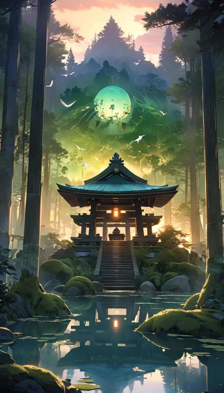 A serene lakeside an ancient shrine stands moss-covered blending into its surroundings, Small transparent kodama (forest spirits) gather around the shrine curiously gazing at the viewer, The scene is depicted in a soft watercolor style with a bird's-eye view, The colors are muted and ethereal with shades of green and blue dominating, The lake reflects the shrine and kodama creating a dreamlike mirror image, The environment is remote and unvisited enhancing the mystical aura, As the sun sets the light casts a gentle glow over the tranquil scene emphasizing the harmony between nature and spirits, high definition, Golden Ratio, movie lighting, Emphasize serenity, cinematic lighting, from below, masterpiece, High Quality, UHD, high details, 16k, highres