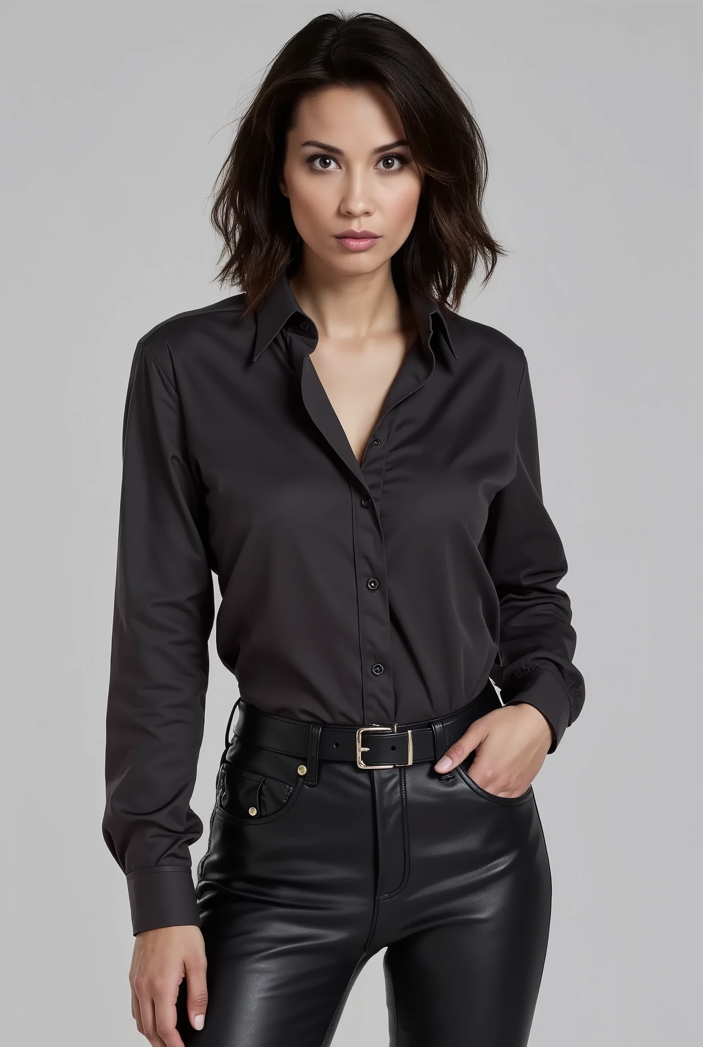 Lexa Doig, Create a woman in the realistic style, shoulder length dark hair, with a model face, she is 27 years old and a criminal, de corpo inteiro, black tight-fitting clothing in elegant style, long sleeved shirt and leather pants, with neckline on the blouse