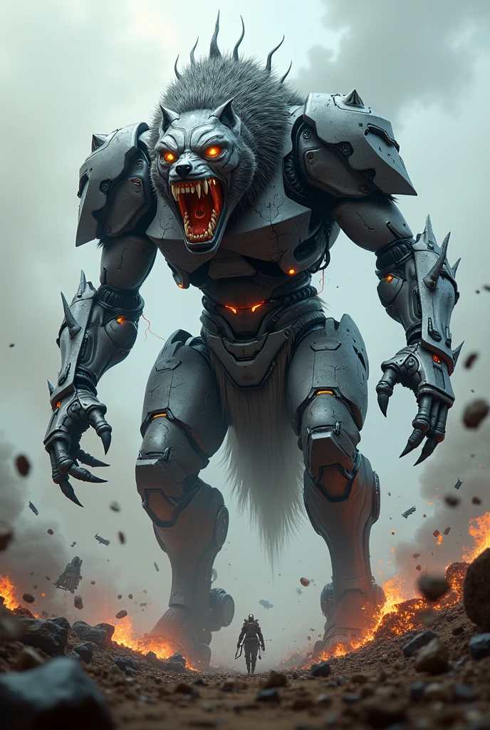 Mecha werewolf in the battlefield, broken armor, electric current, giant claw, fang