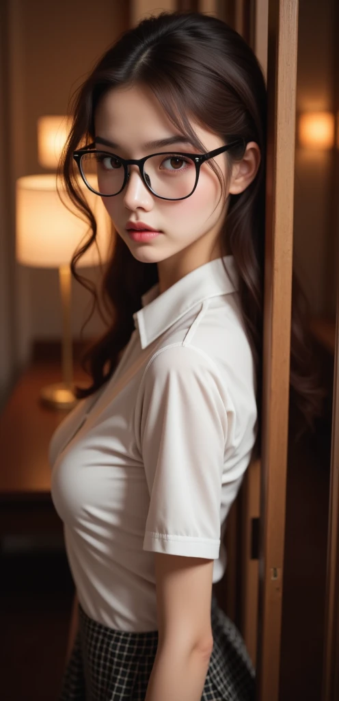 ( lyrics,  photography, realistic),  Beautiful girl with light eyes, with long, wavy dark hair on his shoulders, Wearing glasses,  big breasts,  beautiful face , nice ass, angelic gaze, beautiful legs. student,  wearing a shirt, Short skirt , tights and shoes .