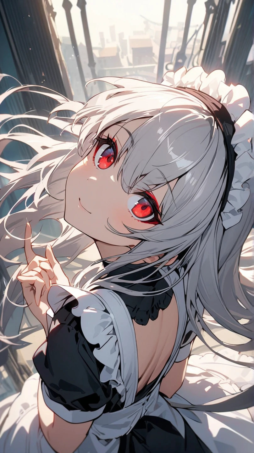( best quality, ),  beautiful woman ( red eyes、 Silver Hair), elements that play gagaku、Cute maid outfit， well-groomed face from a sense of distance、 perfect finger(Beautiful hands and fingers)A confident smile、( close one eye、 winks、Looking up)、solo,  long hair, chest,  turning your gaze ,  back view,  1 girl, Hair covers one eye、Perfect combination of sexy model style 、 red eyeshadow、long mascara、