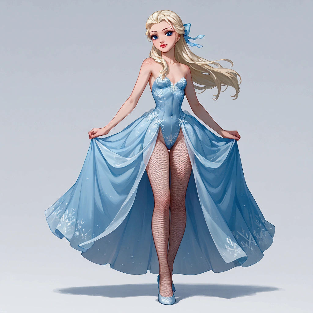 ((full body shot, standing, feet on the ground)) Elsa of Frozen, red, masterpiece, best quality, highly detailed, score_9, score_8_up, score_7_up, score_6_up, anime source,BREAK, 2girl, solo, undressed, naked, long hair, blue eyes, flower, hair bow, small breasts, bow, looking at viewer, freckles, parted lips, smile, full body, red lips, lips, leather ballet slipper, side-front, She looks at you, your gauze hurts, fishnets, white background, neutral cast
