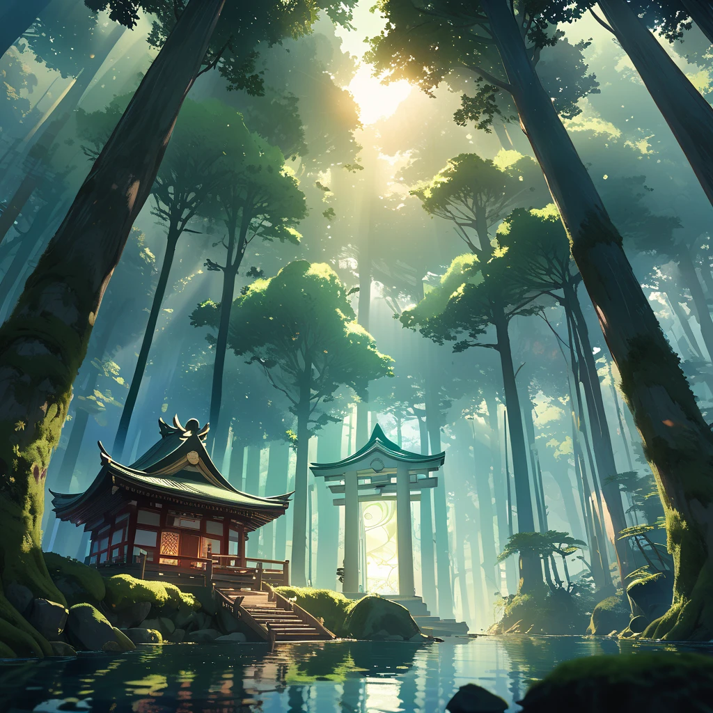 A serene lakeside an ancient shrine stands moss-covered blending into its surroundings, Small transparent kodama (forest spirits) gather around the shrine curiously gazing at the viewer, The scene is depicted in a soft watercolor style with a bird's-eye view, The colors are muted and ethereal with shades of green and blue dominating, The lake reflects the shrine and kodama creating a dreamlike mirror image, The environment is remote and unvisited enhancing the mystical aura, As the sun sets the light casts a gentle glow over the tranquil scene emphasizing the harmony between nature and spirits, high definition, Golden Ratio, movie lighting, Emphasize serenity, cinematic lighting, from below, masterpiece, High Quality, UHD, high details, 16k, highres