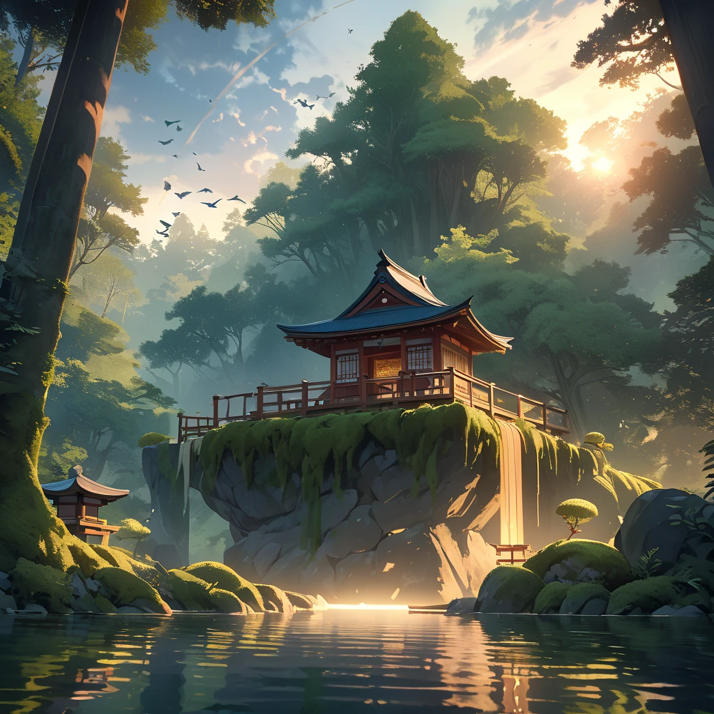 A serene lakeside an ancient shrine stands moss-covered blending into its surroundings, Small transparent kodama (forest spirits) gather around the shrine curiously gazing at the viewer, The scene is depicted in a soft watercolor style with a bird's-eye view, The colors are muted and ethereal with shades of green and blue dominating, The lake reflects the shrine and kodama creating a dreamlike mirror image, The environment is remote and unvisited enhancing the mystical aura, As the sun sets the light casts a gentle glow over the tranquil scene emphasizing the harmony between nature and spirits, high definition, Golden Ratio, movie lighting, Emphasize serenity, cinematic lighting, from below, masterpiece, High Quality, UHD, high details, 16k, highres