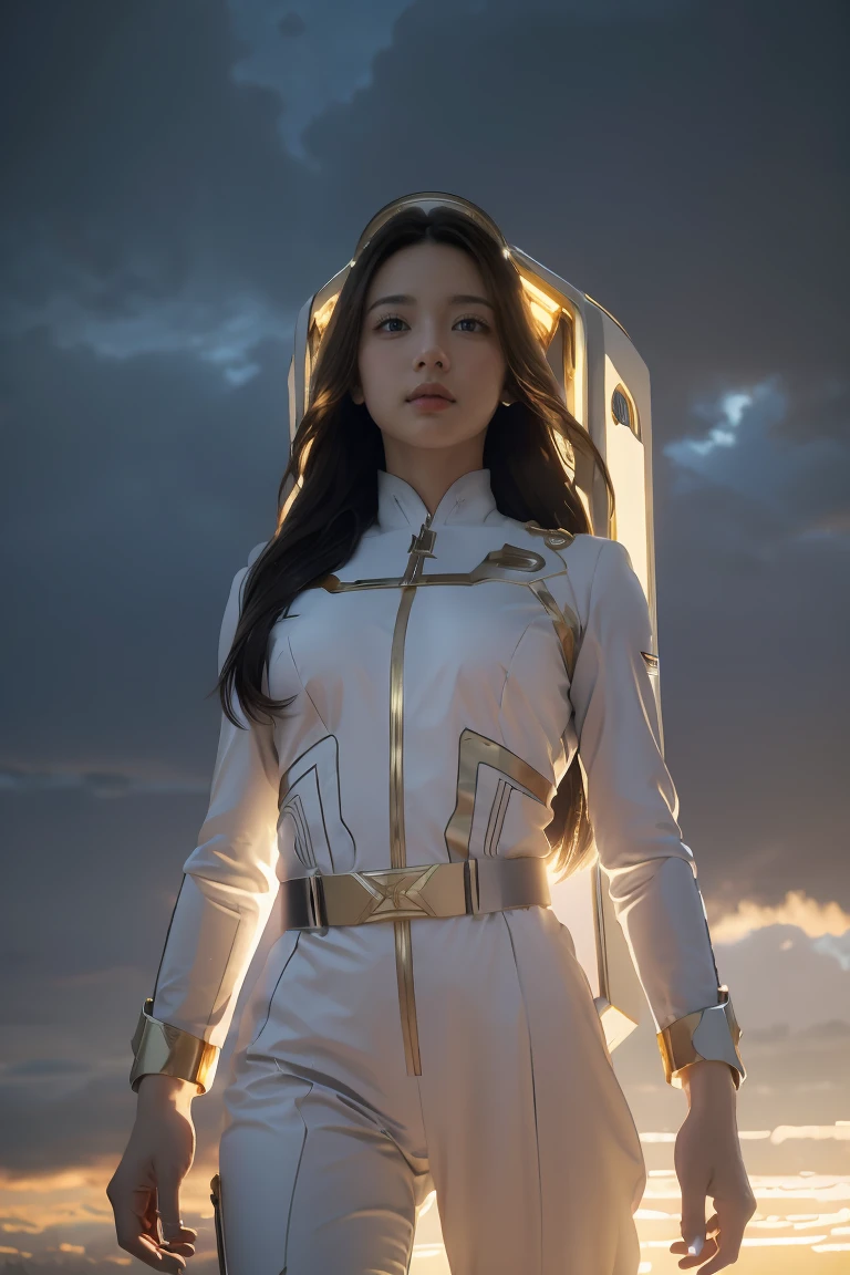 ((masterpiece, best quality, extremely detailed), volumetric lighting, ambient occlusion, colorful, glowing), 1girl, solo, young girl, (dark hair), long hair, halo, aura, sacred, goddess, cleric suit, (white outfit with gold detailst:1.3), armor, outdoors, sunset, sky, clouds, space, (fantasy theme:1.2),ม 1girl, full body, Illustration, cinematic light, high resolution, best quality, ultra-detailed, masterpiece, power suit, powerranger, suit, spd, (Silver and Gold chest plate), white and gold detail, (((white suit))), ((police theme:1.2))