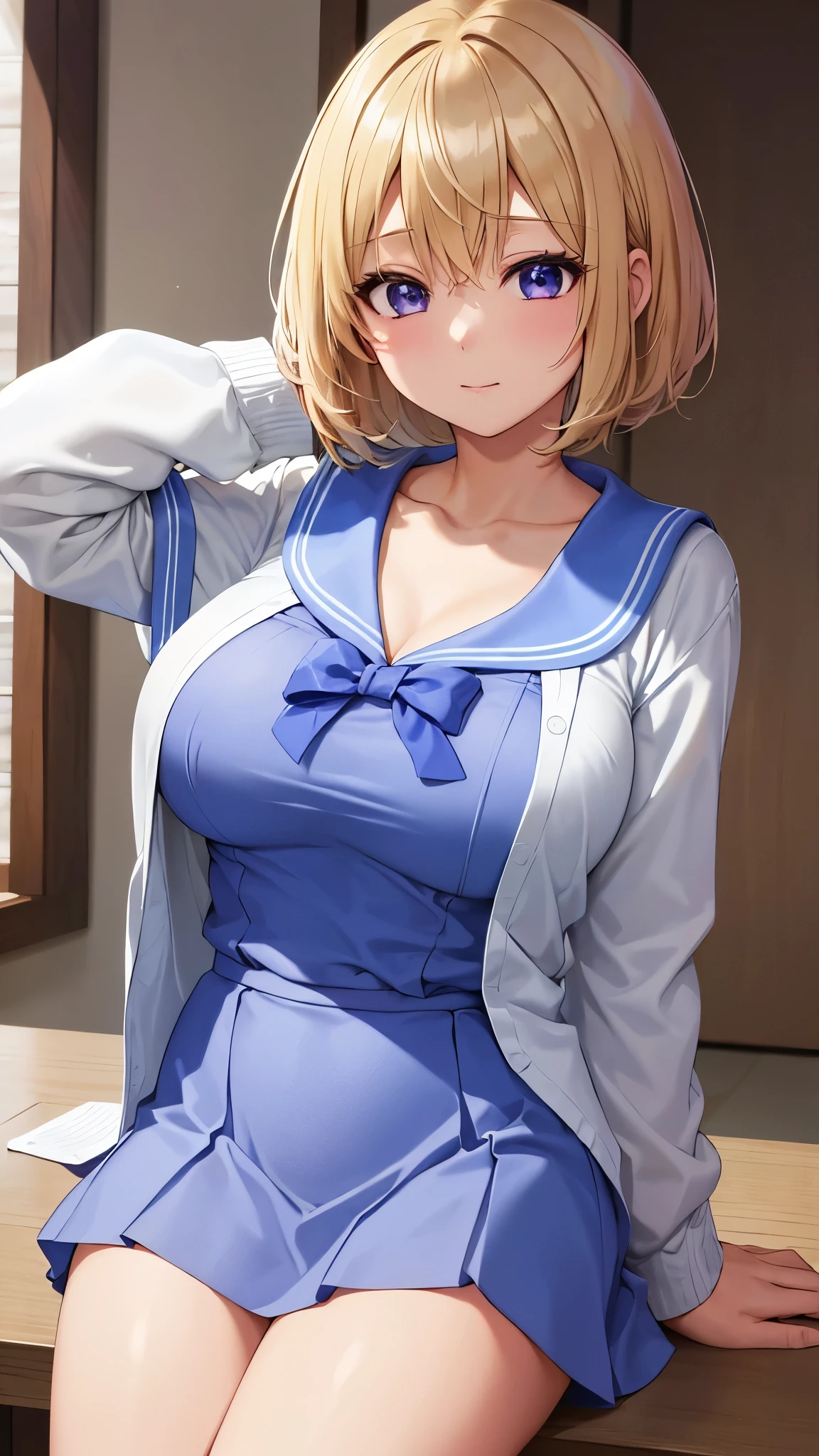 Umino Sachi 、  Masterpiece ,  best quality、  best quality,(8k resolution),Beauty、( looks like an adult), （  Sexy Perfect Style  ）、( Big Breasts )、 blonde bob cut、(White and blue sailor suit)、(  blue skirt)、(( Get closer to my chest ))、  purple eyes