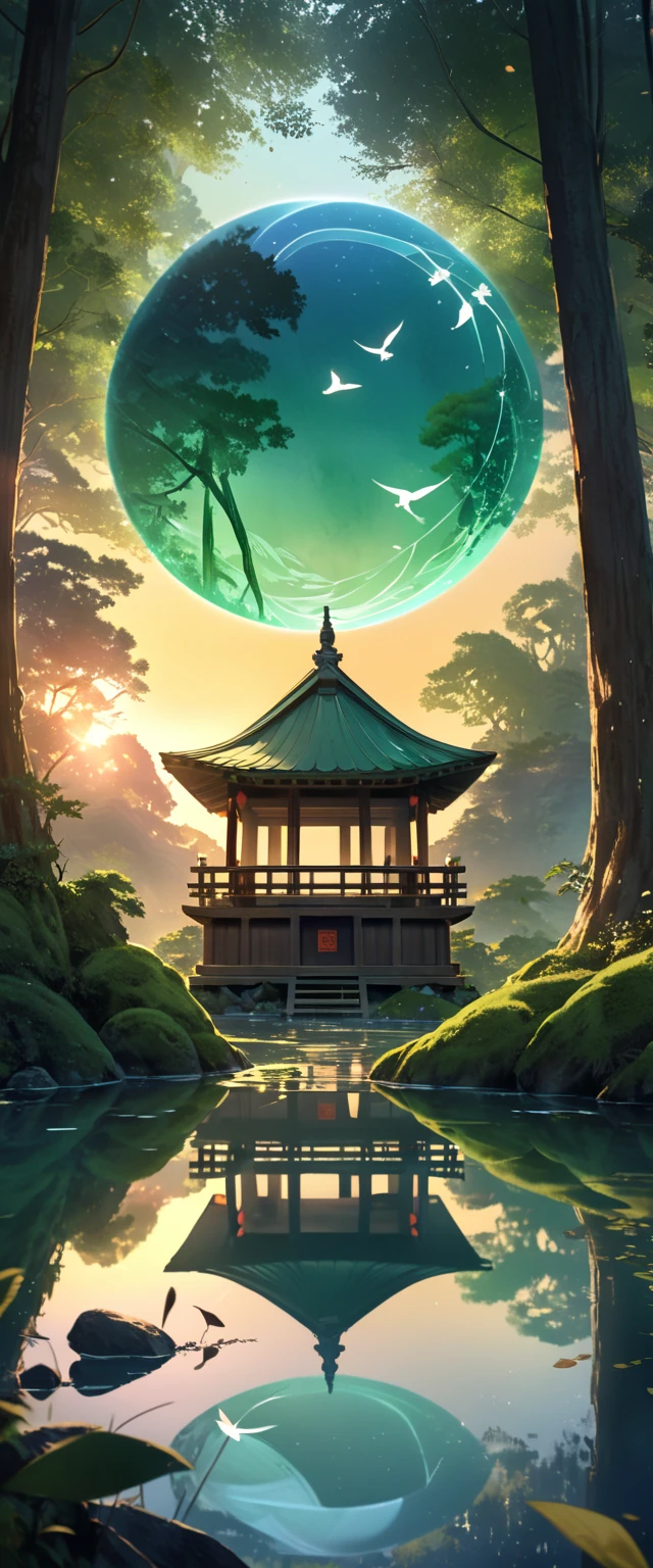 A serene lakeside an ancient shrine stands moss-covered blending into its surroundings, Small transparent kodama (forest spirits) gather around the shrine curiously gazing at the viewer, The scene is depicted in a soft watercolor style with a bird's-eye view, The colors are muted and ethereal with shades of green and blue dominating, The lake reflects the shrine and kodama creating a dreamlike mirror image, The environment is remote and unvisited enhancing the mystical aura, As the sun sets the light casts a gentle glow over the tranquil scene emphasizing the harmony between nature and spirits, high definition, Golden Ratio, movie lighting, Emphasize serenity, cinematic lighting, masterpiece, High Quality, UHD, high details, 16k, highres