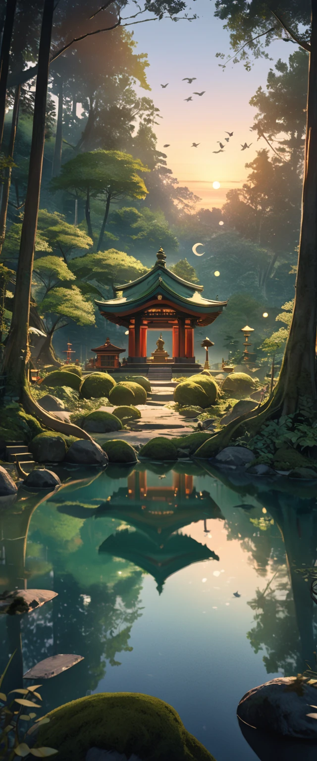 A serene lakeside an ancient shrine stands moss-covered blending into its surroundings, Small transparent kodama (forest spirits) gather around the shrine curiously gazing at the viewer, The scene is depicted in a soft watercolor style with a bird's-eye view, The colors are muted and ethereal with shades of green and blue dominating, The lake reflects the shrine and kodama creating a dreamlike mirror image, The environment is remote and unvisited enhancing the mystical aura, As the sun sets the light casts a gentle glow over the tranquil scene emphasizing the harmony between nature and spirits, high definition, Golden Ratio, movie lighting, Emphasize serenity, cinematic lighting, masterpiece, High Quality, UHD, high details, 16k, highres