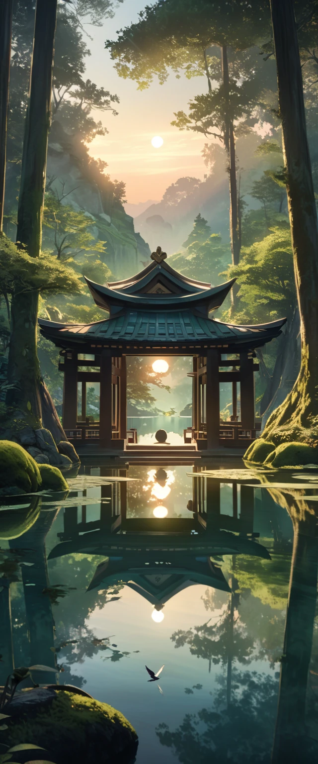 A serene lakeside an ancient shrine stands moss-covered blending into its surroundings, Small transparent kodama (forest spirits) gather around the shrine curiously gazing at the viewer, The scene is depicted in a soft watercolor style with a bird's-eye view, The colors are muted and ethereal with shades of green and blue dominating, The lake reflects the shrine and kodama creating a dreamlike mirror image, The environment is remote and unvisited enhancing the mystical aura, As the sun sets the light casts a gentle glow over the tranquil scene emphasizing the harmony between nature and spirits, high definition, Golden Ratio, movie lighting, Emphasize serenity, cinematic lighting, masterpiece, High Quality, UHD, high details, 16k, highres