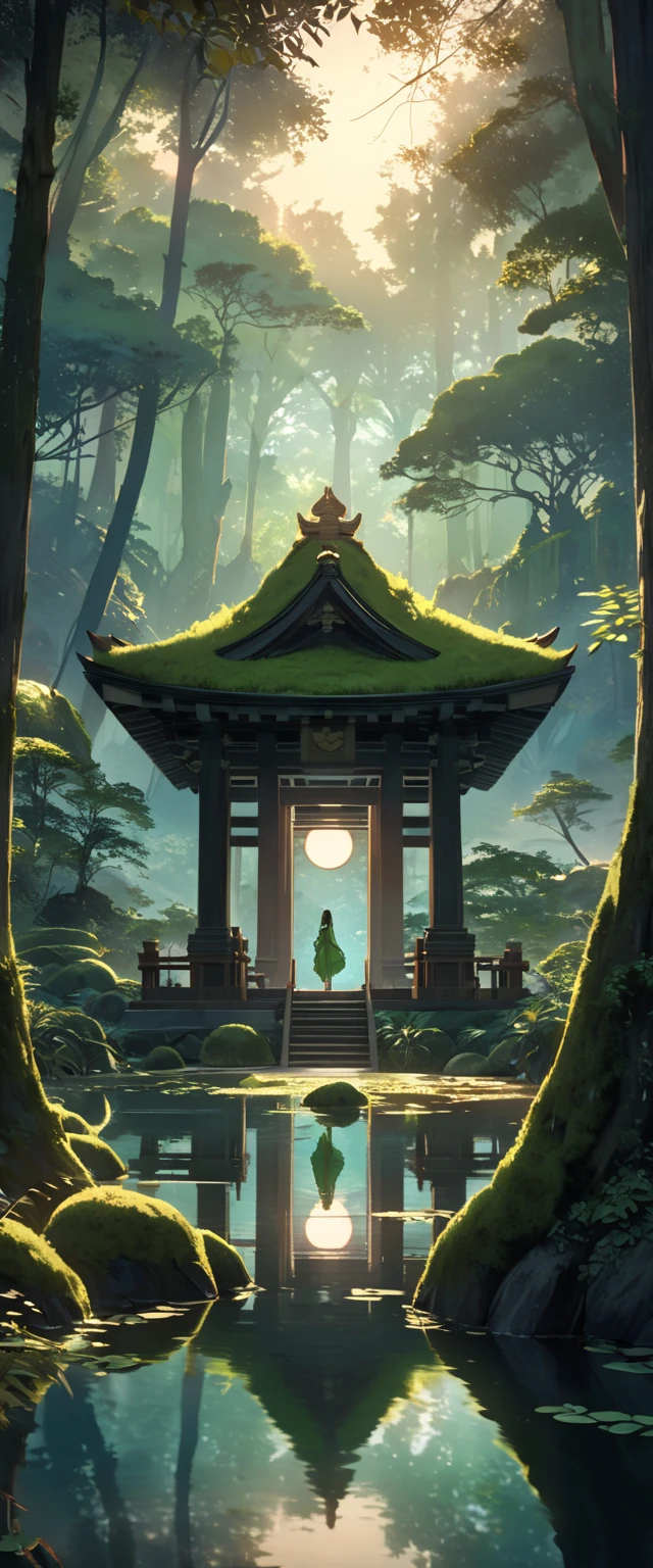 A serene lakeside an ancient shrine stands moss-covered blending into its surroundings, Small transparent kodama (forest spirits) gather around the shrine curiously gazing at the viewer, The scene is depicted in a soft watercolor style with a bird's-eye view, The colors are muted and ethereal with shades of green and blue dominating, The lake reflects the shrine and kodama creating a dreamlike mirror image, The environment is remote and unvisited enhancing the mystical aura, As the sun sets the light casts a gentle glow over the tranquil scene emphasizing the harmony between nature and spirits, high definition, Golden Ratio, movie lighting, Emphasize serenity, cinematic lighting, masterpiece, High Quality, UHD, high details, 16k, highres