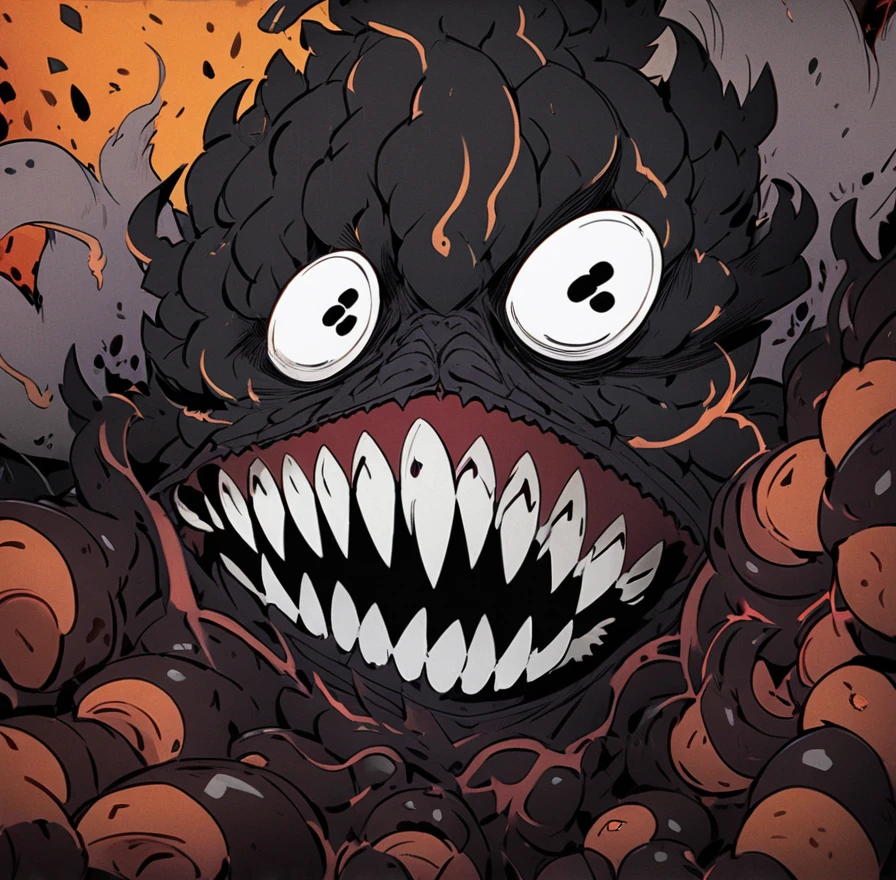 White smiling faces all over the body,A black spherical monster,It has two claws on the ground.,Has a large mouth full of fangs that takes up a large part of its body,There's a laser cannon in its mouth.