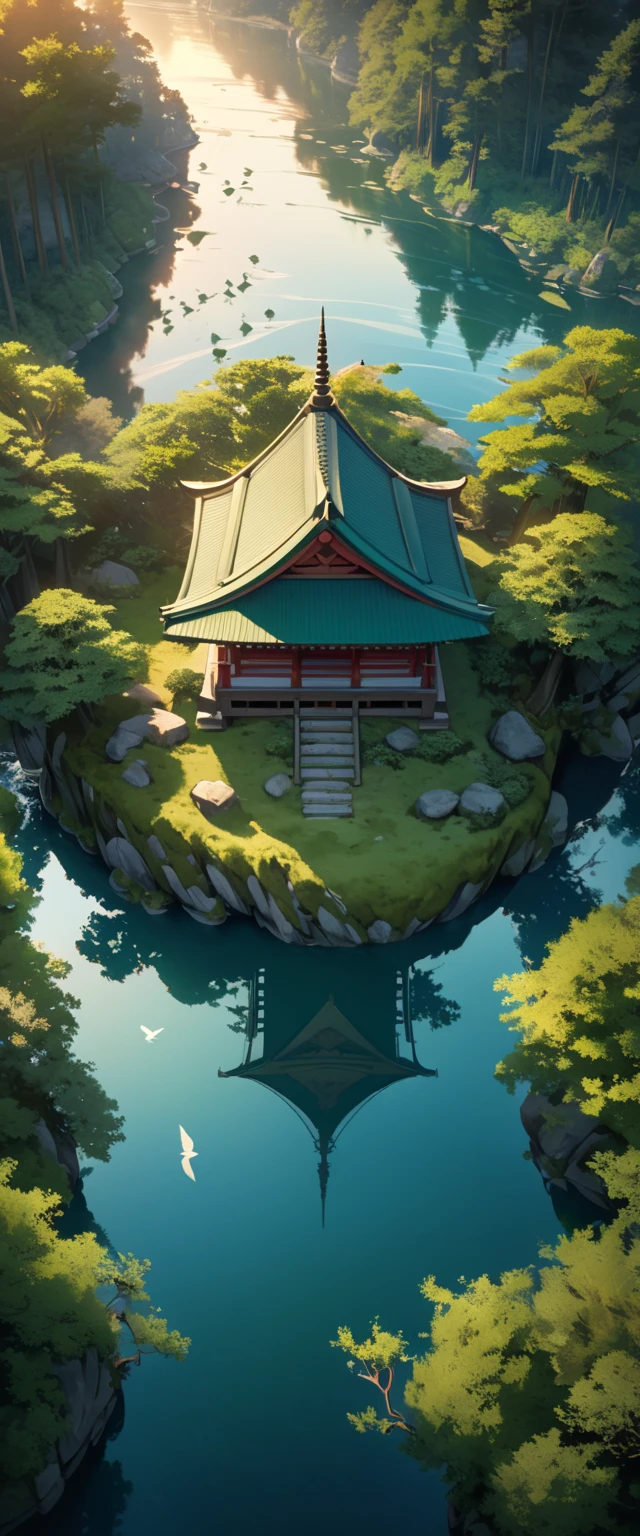 A serene lakeside an ancient shrine stands moss-covered blending into its surroundings, Small transparent kodama (forest spirits) gather around the shrine curiously gazing at the viewer, The scene is depicted in a soft watercolor style with a bird's-eye view, The colors are muted and ethereal with shades of green and blue dominating, The lake reflects the shrine and kodama creating a dreamlike mirror image, The environment is remote and unvisited enhancing the mystical aura, As the sun sets the light casts a gentle glow over the tranquil scene emphasizing the harmony between nature and spirits, high definition, Golden Ratio, movie lighting, Emphasize serenity, cinematic lighting, from above, masterpiece, High Quality, UHD, high details, 16k, highres