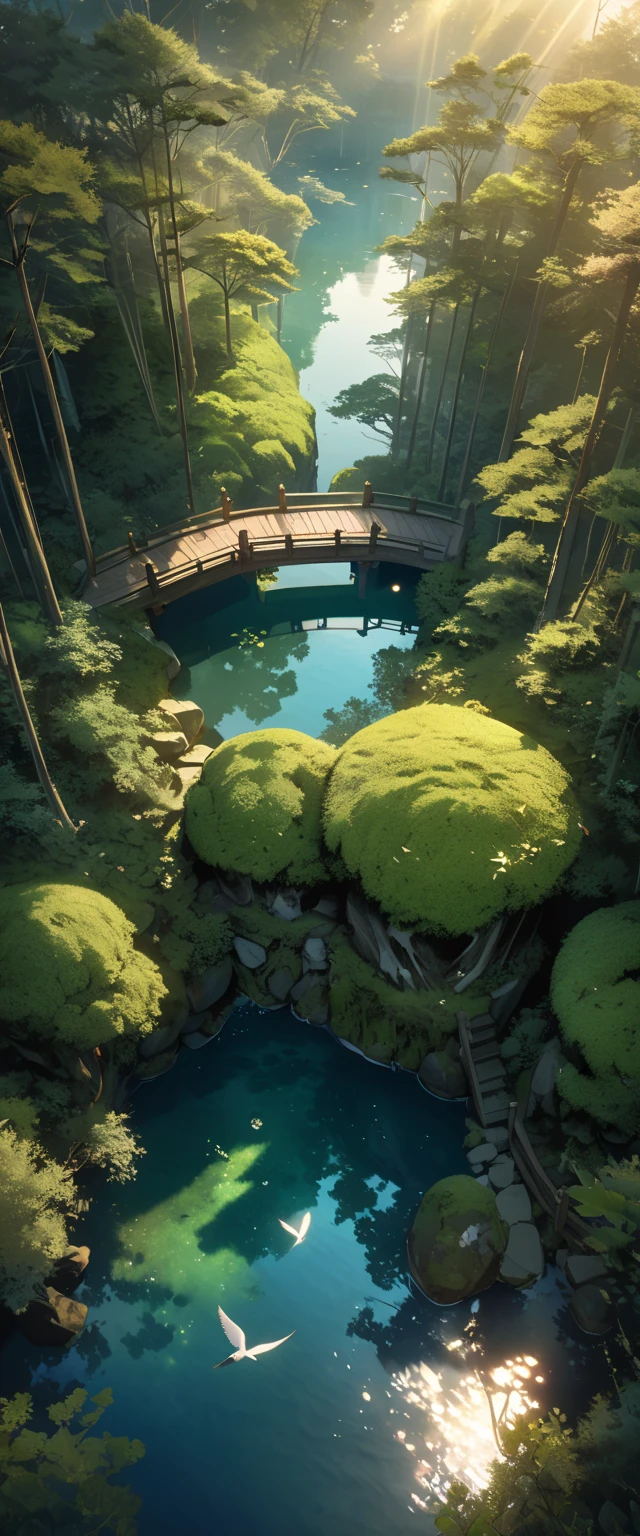 A serene lakeside an ancient shrine stands moss-covered blending into its surroundings, Small transparent kodama (forest spirits) gather around the shrine curiously gazing at the viewer, The scene is depicted in a soft watercolor style with a bird's-eye view, The colors are muted and ethereal with shades of green and blue dominating, The lake reflects the shrine and kodama creating a dreamlike mirror image, The environment is remote and unvisited enhancing the mystical aura, As the sun sets the light casts a gentle glow over the tranquil scene emphasizing the harmony between nature and spirits, high definition, Golden Ratio, movie lighting, Emphasize serenity, cinematic lighting, from above, masterpiece, High Quality, UHD, high details, 16k, highres