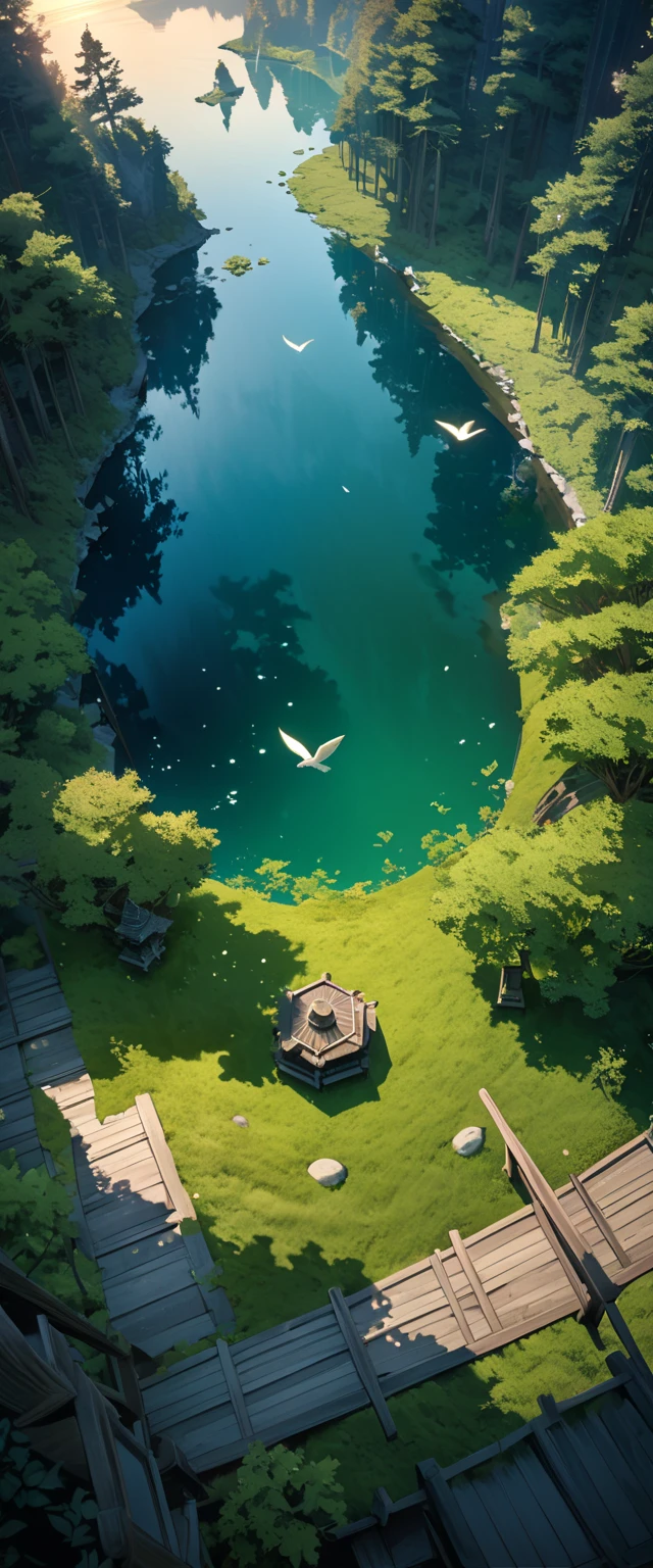 A serene lakeside an ancient shrine stands moss-covered blending into its surroundings, Small transparent kodama (forest spirits) gather around the shrine curiously gazing at the viewer, The scene is depicted in a soft watercolor style with a bird's-eye view, The colors are muted and ethereal with shades of green and blue dominating, The lake reflects the shrine and kodama creating a dreamlike mirror image, The environment is remote and unvisited enhancing the mystical aura, As the sun sets the light casts a gentle glow over the tranquil scene emphasizing the harmony between nature and spirits, high definition, Golden Ratio, movie lighting, Emphasize serenity, cinematic lighting, from above, masterpiece, High Quality, UHD, high details, 16k, highres