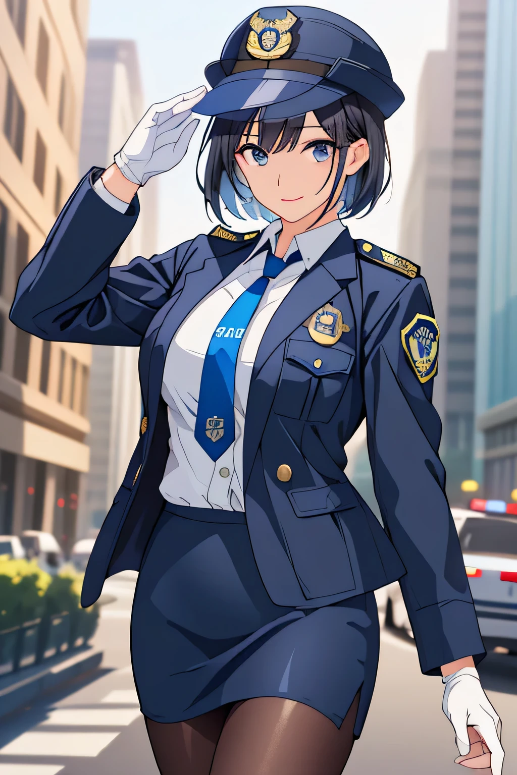 Highest quality、nsfw、8k、Realistic、超High resolution、Very delicate and beautiful、High resolution、Cinema Lighting、medium range shooting、Perfect female body、Beautiful woman、Mature Woman、Beautiful Eyes、Cityscape、(short hair:1.8、Black Hair)、((Female police officer:1.4、紺色のFemale police officer、Female police officer's cap、Uniform Buttons、Navy blue tie、Uniform jacket、White gloves))、pantyhose、Pencil Skirt、Stiletto heel pumps、Police Badge、Epaulettes、,epic eros, epic ecchi, epic lewd