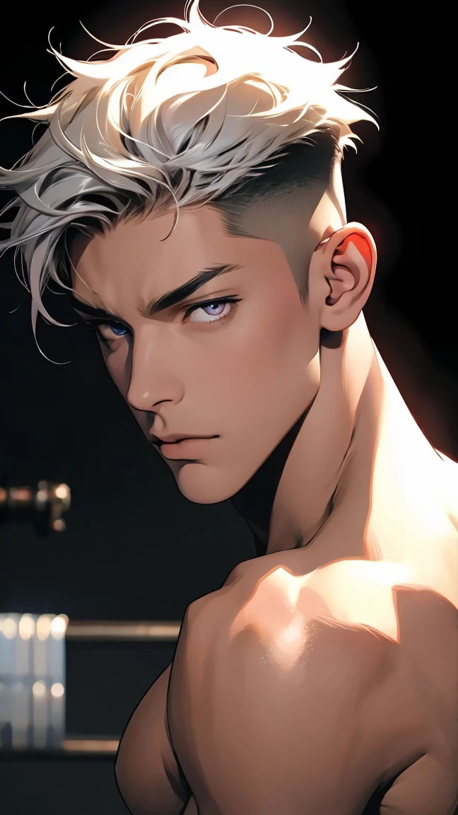 highest quality, 8K, high resolution image, anime style Jujutsu Kaisen, (Daiki Aomine), dark skin, detailed strokes, smile , blurred, happy face, light reflecting from it, 1 man, male, strong Man, muscular trained body, sportsman, cool guy, multicolored Background with various geometric shapes, around stickers, muscular, short Hair, silver hair, spiky hair, short Hair, swollen chest, Red eyes, He is wearing a black sweatpants, naked torso, abs, black sweatpants and a gold link chain, sweatpants, Background: Room,