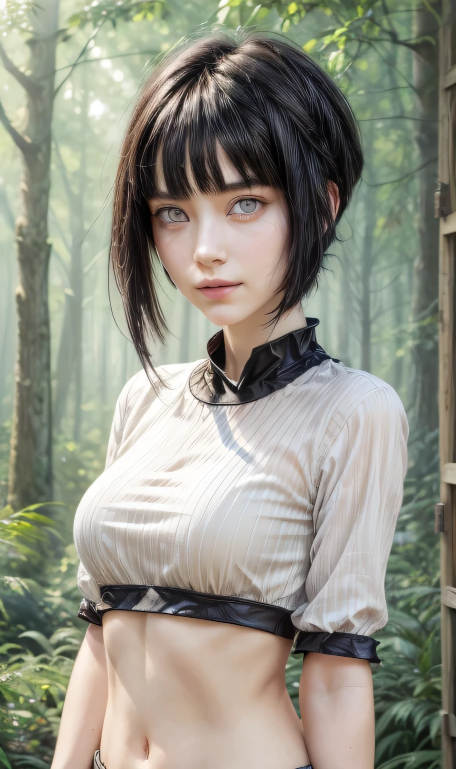 masterpiece, best quality, (realistic,photo-realistic:1.4), (RAW photo:1.2), extremely detailed CG unity 8k wallpaper, delicate and beautiful, amazing,finely detail, official art, absurdres, incredibly absurdres, huge filesize, ultra-detailed,extremely detailed eyes and face,light on face,hinata,(little smile),(black hair:1.4),(undercut hair:1.6),(forest backgrouund:1.4),(byakugan eyes:1.5),(croptop:1.4)