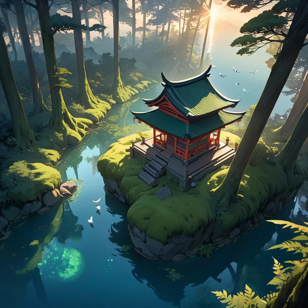 A serene lakeside an ancient shrine stands moss-covered blending into its surroundings, Small transparent kodama (forest spirits) gather around the shrine curiously gazing at the viewer, The scene is depicted in a soft watercolor style with a bird's-eye view, The colors are muted and ethereal with shades of green and blue dominating, The lake reflects the shrine and kodama creating a dreamlike mirror image, The environment is remote and unvisited enhancing the mystical aura, As the sun sets the light casts a gentle glow over the tranquil scene emphasizing the harmony between nature and spirits, high definition, Golden Ratio, movie lighting, Emphasize serenity, cinematic lighting, from above, masterpiece, High Quality, UHD, high details, 16k, highres