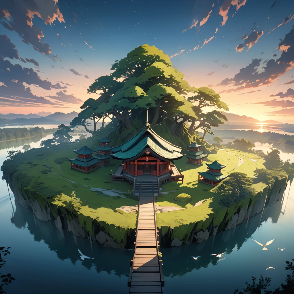 A serene lakeside an ancient shrine stands moss-covered blending into its surroundings, Small transparent kodama (forest spirits) gather around the shrine curiously gazing at the viewer, The scene is depicted in a soft watercolor style with a bird's-eye view, The colors are muted and ethereal with shades of green and blue dominating, The lake reflects the shrine and kodama creating a dreamlike mirror image, The environment is remote and unvisited enhancing the mystical aura, As the sun sets the light casts a gentle glow over the tranquil scene emphasizing the harmony between nature and spirits, high definition, Golden Ratio, movie lighting, Emphasize serenity, cinematic lighting, from above, masterpiece, High Quality, UHD, high details, 16k, highres