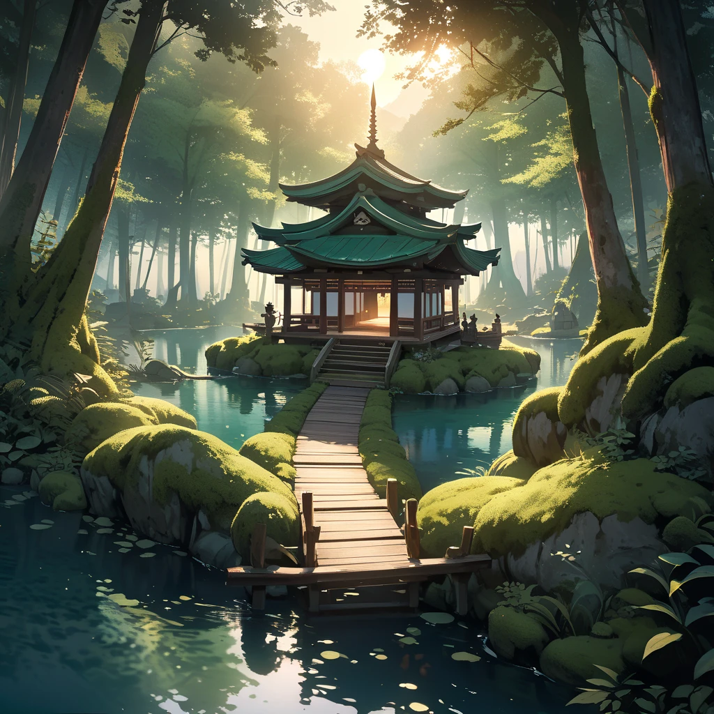 A serene lakeside an ancient shrine stands moss-covered blending into its surroundings, Small transparent kodama (forest spirits) gather around the shrine curiously gazing at the viewer, The scene is depicted in a soft watercolor style with a bird's-eye view, The colors are muted and ethereal with shades of green and blue dominating, The lake reflects the shrine and kodama creating a dreamlike mirror image, The environment is remote and unvisited enhancing the mystical aura, As the sun sets the light casts a gentle glow over the tranquil scene emphasizing the harmony between nature and spirits, high definition, Golden Ratio, movie lighting, Emphasize serenity, cinematic lighting, from above, masterpiece, High Quality, UHD, high details, 16k, highres