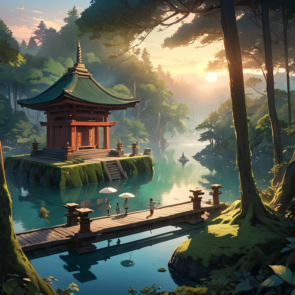 A serene lakeside an ancient shrine stands moss-covered blending into its surroundings, Small transparent kodama (forest spirits) gather around the shrine curiously gazing at the viewer, The scene is depicted in a soft watercolor style with a bird's-eye view, The colors are muted and ethereal with shades of green and blue dominating, The lake reflects the shrine and kodama creating a dreamlike mirror image, The environment is remote and unvisited enhancing the mystical aura, As the sun sets the light casts a gentle glow over the tranquil scene emphasizing the harmony between nature and spirits, high definition, Golden Ratio, movie lighting, Emphasize serenity, cinematic lighting, from above, masterpiece, High Quality, UHD, high details, 16k, highres