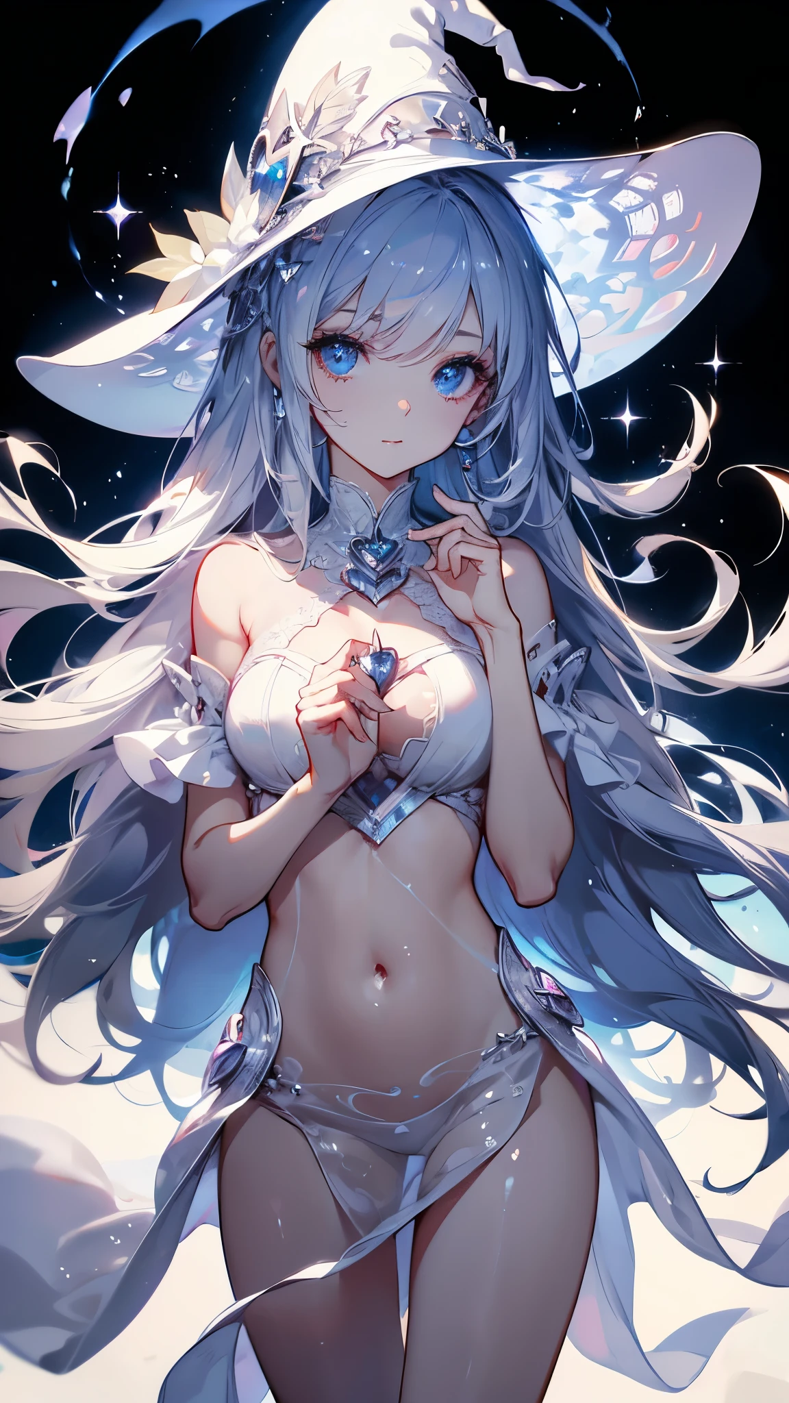  pure white background，masterpiece,  top quality ,  Detailed Facial  , whole body，Standing picture，beautiful magician，Magic Circle，Witch Hat，Smoky Eyes，transparent，  glittering eyes on the stomach  ，fantasy style，blood，Heart，Four Leaf Clover，sexy，white cloud dress