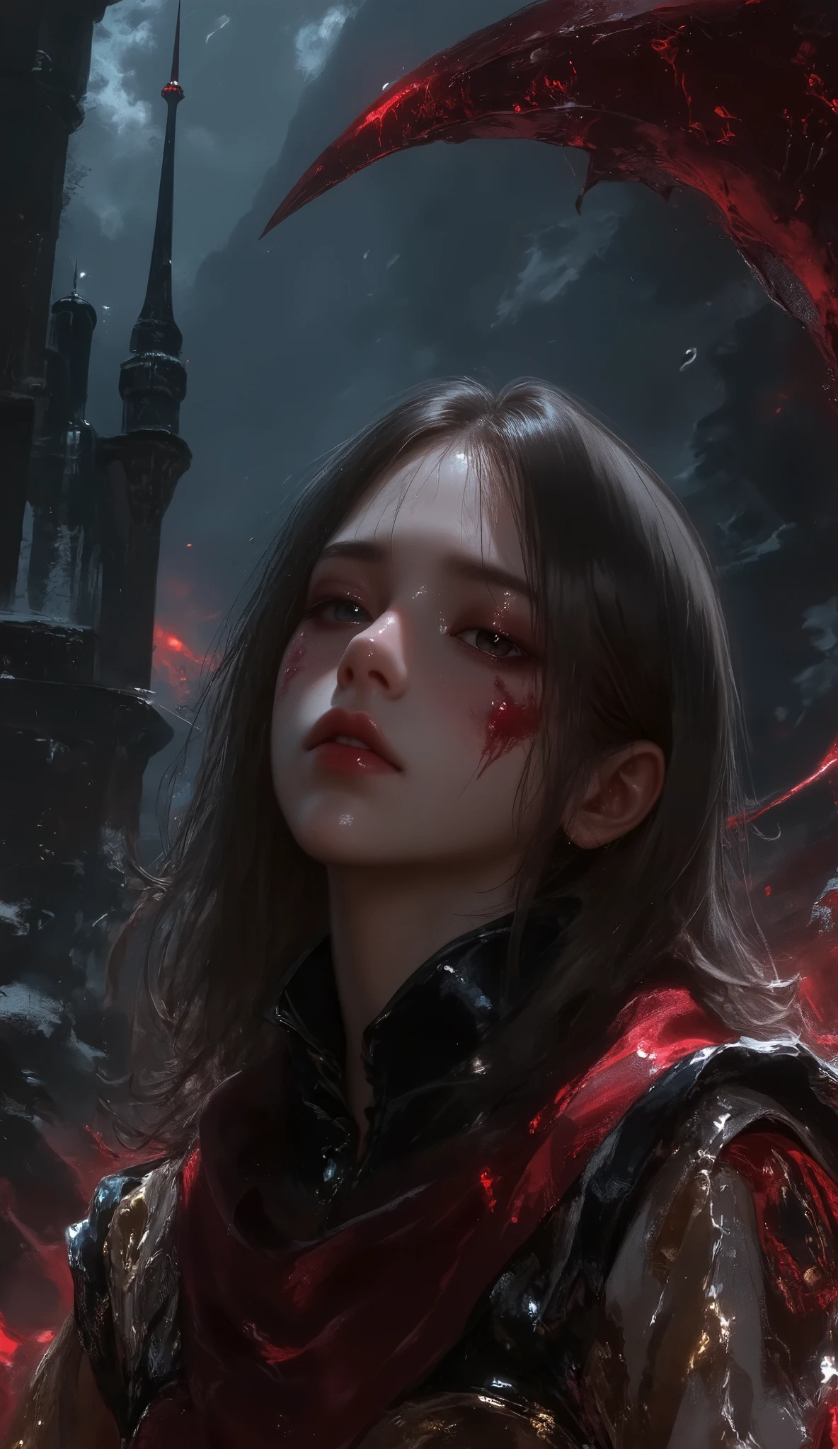 fallen, Moodring, oil painting, a detailed painting, ink artistic conception, real paint texture, hyper-realistic, depth of field, (full body:1.3), fine facial features, dramatic lighting, Realistic, highly detailed, masterpiece, 8k, Cinematic Composition, dark moody vibe, Dramatic Shadows, Intricate and elaborate pattern, 30 megapixel, chiaroscuro lighting, moody color palette, deep contrast, realistic anime style, A fusion of the styles of Katsuya Terada, Range Murata, Akiman and JUNNY