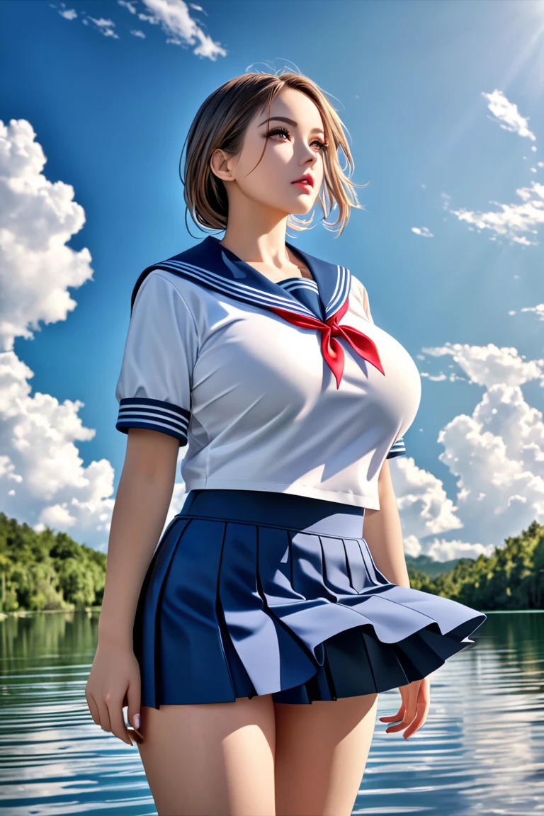 (Best Quality, hight resolution, masutepiece :1.3), (Taken from below), Pretty Woman, Orange sunset sky, Sun and clouds on sea background, Cute girl in uniform. Her hair is light brown in medium bob style. She wears a white blouse and pleated skirt, Stand with her legs wide open, Blushing face, looking in camera, Dynamic shooting