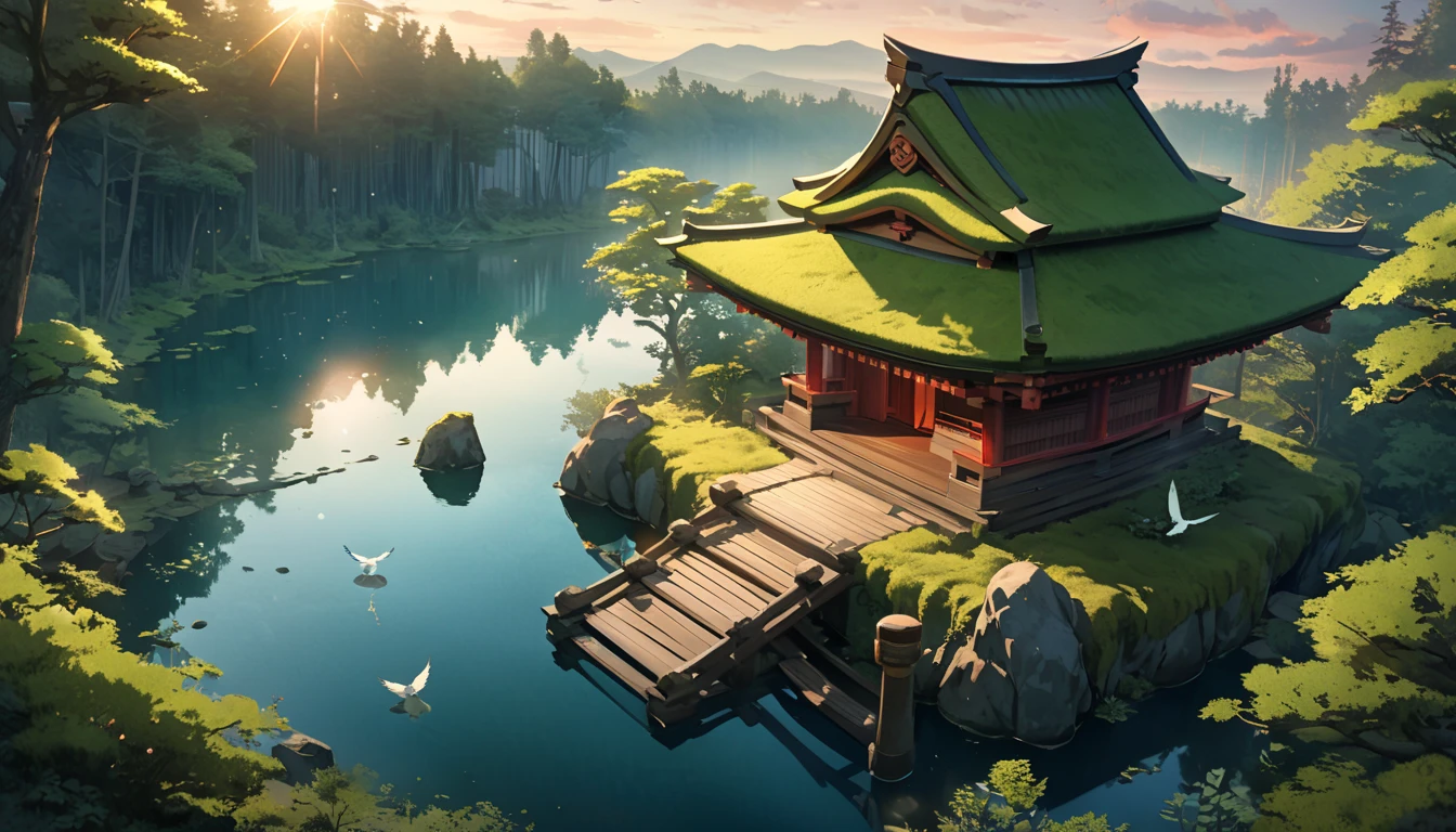 A serene lakeside an ancient shrine stands moss-covered blending into its surroundings, Small transparent kodama (forest spirits) gather around the shrine curiously gazing at the viewer, The scene is depicted in a soft watercolor style with a bird's-eye view, The colors are muted and ethereal with shades of green and blue dominating, The lake reflects the shrine and kodama creating a dreamlike mirror image, The environment is remote and unvisited enhancing the mystical aura, As the sun sets the light casts a gentle glow over the tranquil scene emphasizing the harmony between nature and spirits, high definition, Golden Ratio, movie lighting, Emphasize serenity, cinematic lighting, from above, masterpiece, High Quality, UHD, high details, 16k, highres