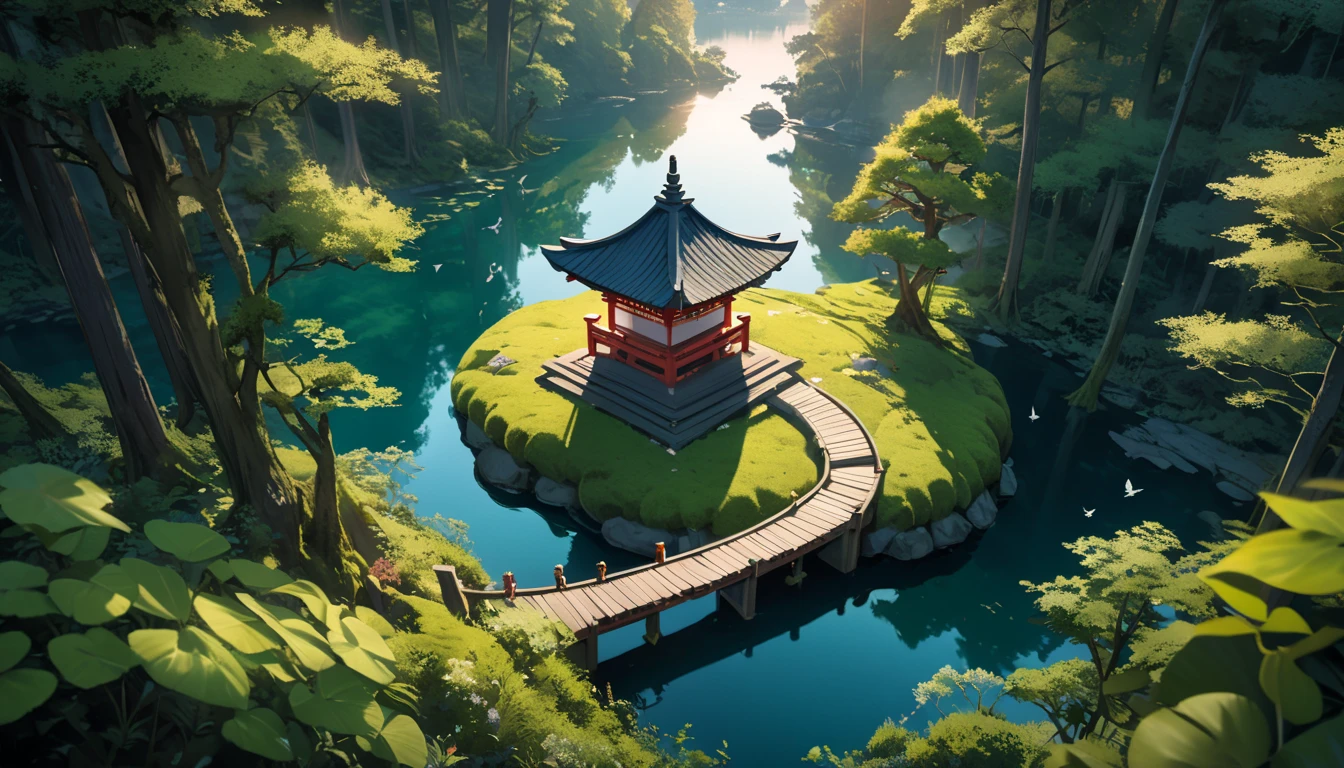 A serene lakeside an ancient shrine stands moss-covered blending into its surroundings, Small transparent kodama (forest spirits) gather around the shrine curiously gazing at the viewer, The scene is depicted in a soft watercolor style with a bird's-eye view, The colors are muted and ethereal with shades of green and blue dominating, The lake reflects the shrine and kodama creating a dreamlike mirror image, The environment is remote and unvisited enhancing the mystical aura, As the sun sets the light casts a gentle glow over the tranquil scene emphasizing the harmony between nature and spirits, high definition, Golden Ratio, movie lighting, Emphasize serenity, cinematic lighting, from above, masterpiece, High Quality, UHD, high details, 16k, highres