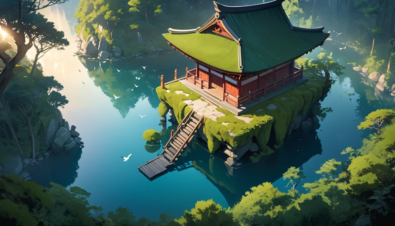 A serene lakeside an ancient shrine stands moss-covered blending into its surroundings, Small transparent kodama (forest spirits) gather around the shrine curiously gazing at the viewer, The scene is depicted in a soft watercolor style with a bird's-eye view, The colors are muted and ethereal with shades of green and blue dominating, The lake reflects the shrine and kodama creating a dreamlike mirror image, The environment is remote and unvisited enhancing the mystical aura, As the sun sets the light casts a gentle glow over the tranquil scene emphasizing the harmony between nature and spirits, high definition, Golden Ratio, movie lighting, Emphasize serenity, cinematic lighting, from above, masterpiece, High Quality, UHD, high details, 16k, highres