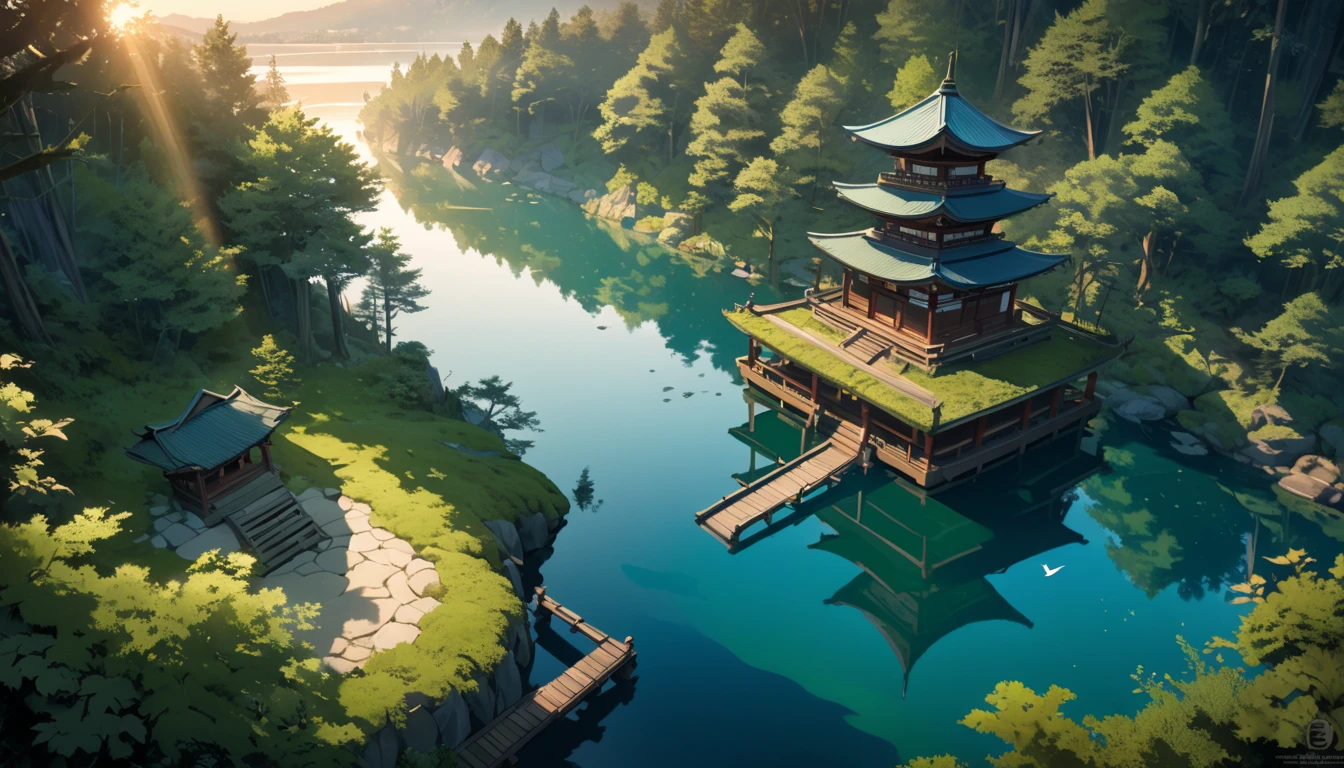 A serene lakeside an ancient shrine stands moss-covered blending into its surroundings, Small transparent kodama (forest spirits) gather around the shrine curiously gazing at the viewer, The scene is depicted in a soft watercolor style with a bird's-eye view, The colors are muted and ethereal with shades of green and blue dominating, The lake reflects the shrine and kodama creating a dreamlike mirror image, The environment is remote and unvisited enhancing the mystical aura, As the sun sets the light casts a gentle glow over the tranquil scene emphasizing the harmony between nature and spirits, high definition, Golden Ratio, movie lighting, Emphasize serenity, cinematic lighting, from above, masterpiece, High Quality, UHD, high details, 16k, highres