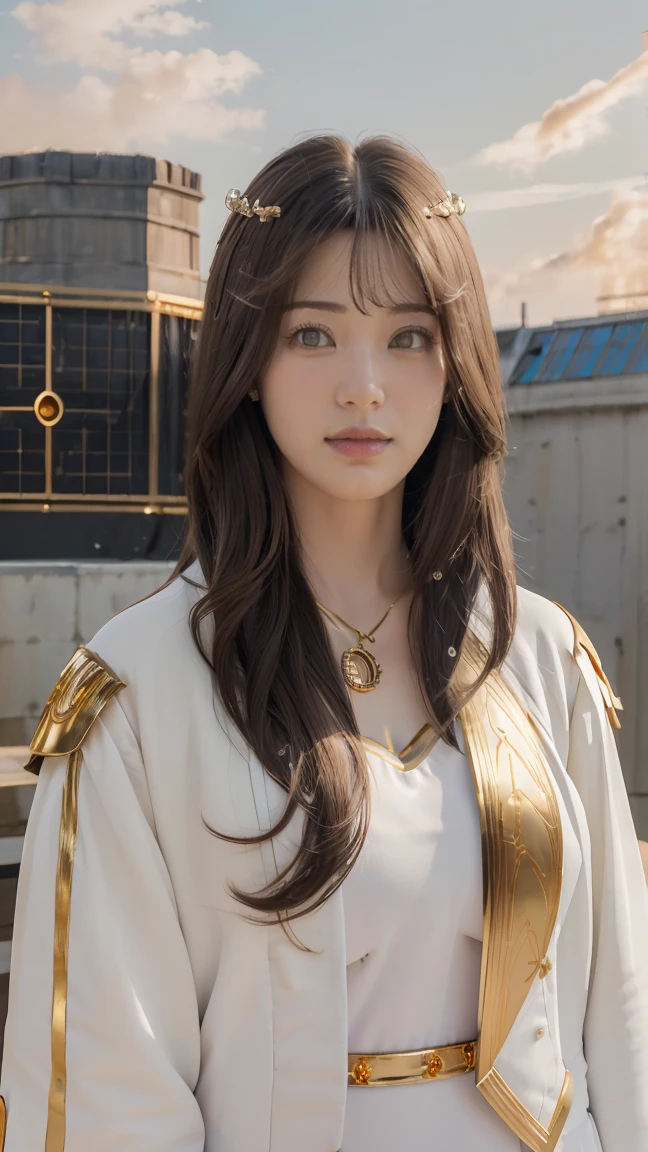 ((Masterpiece, best quality, very detailed), Volumetric light, surrounding occlusion, Rich and colorful, glow), 1 woman, lonely, young girl, (Brown bangs), long hair, radius, radius, sacred, goddess, Priesthood, (White suit with gold trim:1.3), armor, outdoor, sunset, sky, cloud, space, (Fantasy Theme:1.2),