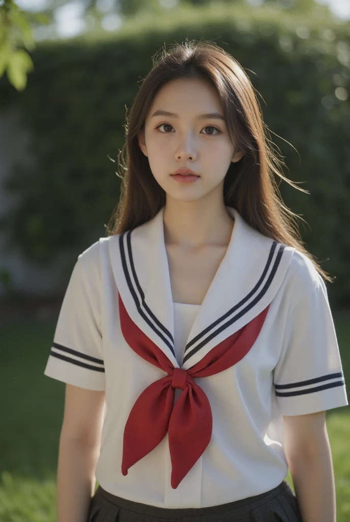 A young woman in a school uniform, beautiful detailed eyes, beautiful detailed lips, extremely detailed face, long eyelashes, detailed school uniform, cute expression, standing in a garden setting, blurred background, natural lighting, highly detailed, 8k, ultra-detailed, (realistic, photorealistic:1.37), (best quality:1.2), masterpiece, vibrant colors, cinematic lighting