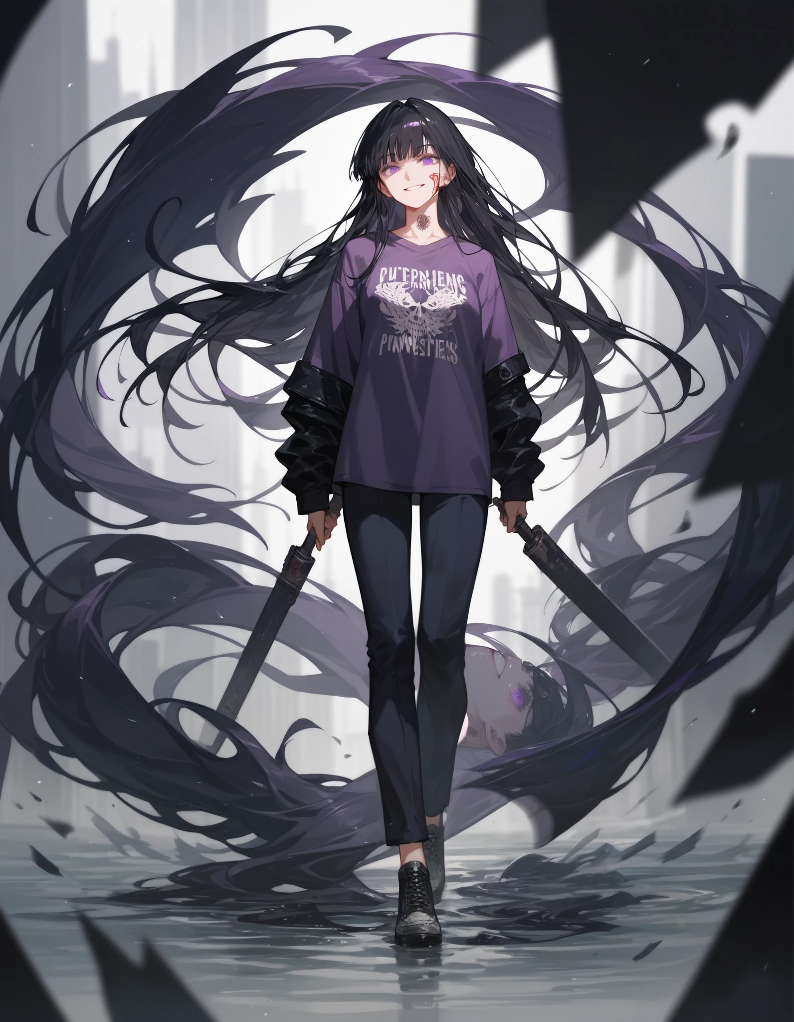 Black hair,Long hair, in purple eyes,Very long-sleeved prisoner shirt without hands,Teared smile , Full Arm Tattoo,Murderer,