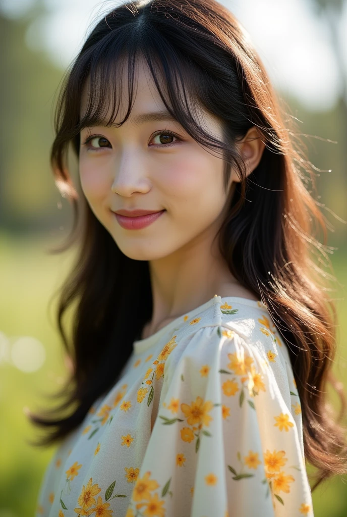 A young asian girl, (Wearing casual clothes for spring:1.2), Very beautiful Japanese idol portraits, 
(Raw photo, highest quality), (realistic, Photoreal:1.4), (masterpiece), 
very delicate and beautiful, very detailed, 2k wallpaper, wonderful, finely, Very detailed CG Unity 8K wallpaper, Super detailed, High resolution, soft light, 
beautiful detailed girl, long hair with bangs ,very detailed beautifully detailed nose, beautifully with fine eyes, cinematic lighting, 
(In the Garden:1.3),
(Long hair), (bangs), 
complete anatomy, slender body, small breasts, smile