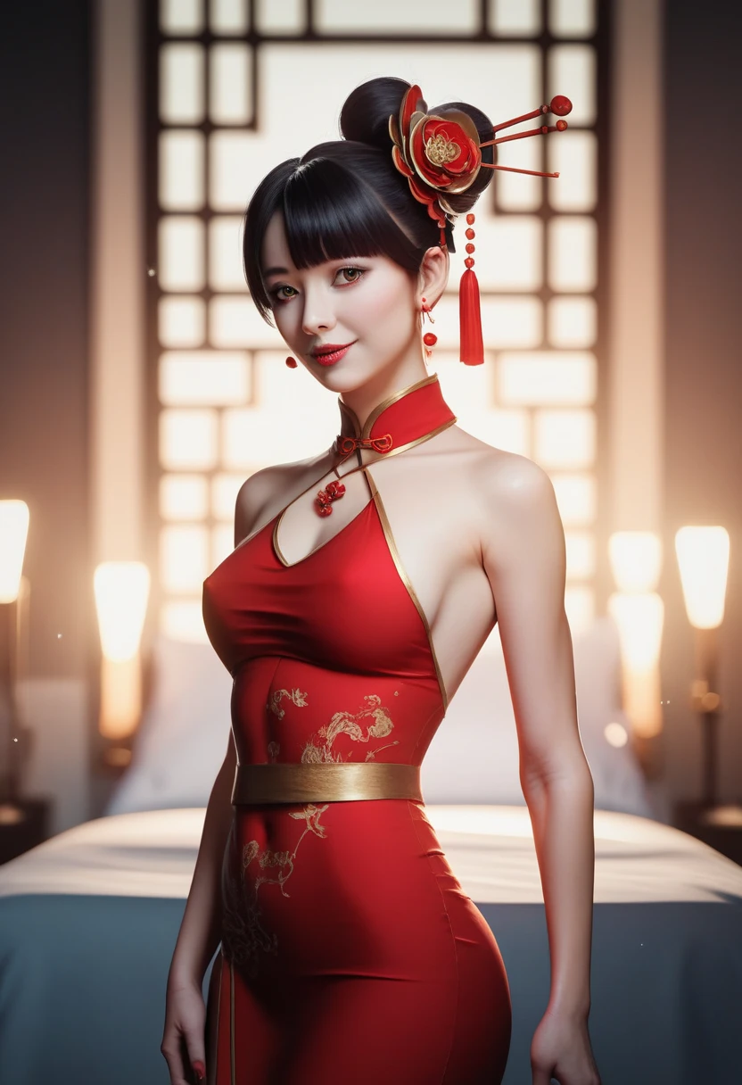 high resolution, adult woman , good lighting, despicable, , (no nudity), (((chinese dress))), (()), ((())), (garter belt), just abdomen, (), , cute face, yo'I'm embarrassed and blushed, humiliating, ((Turn around and look back)), ((transparentes))()(T-back)(a large amount is in the body,)