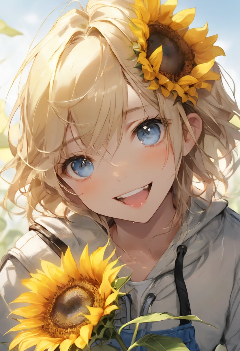 summer), juvenile, Blue eyes ,  golden shorthair ,  hold a sunflower