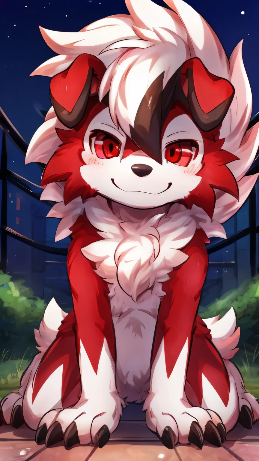 by:sukiya, ,cute,,all body ,(red eyes , front: 1.5),,smile, on the ground,2 midnight lycanroc,front view