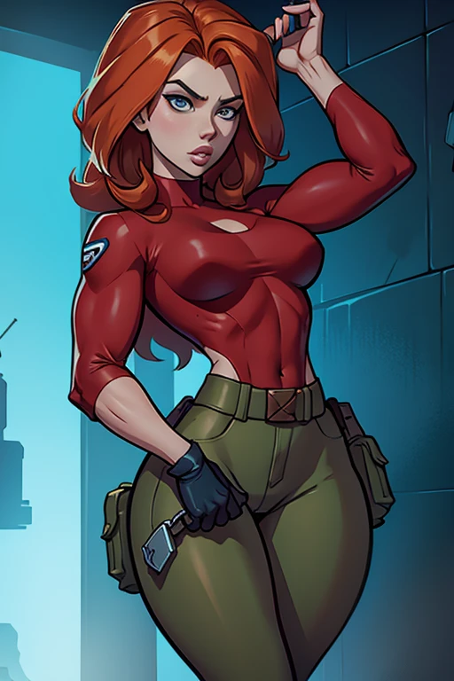 One girl, ginger, curly hair, long hair, serious face, green eyes, black top, panties, pubic hair, military boots, gloves, dirty, ripped clothes, sweating, nipple, apocalypse