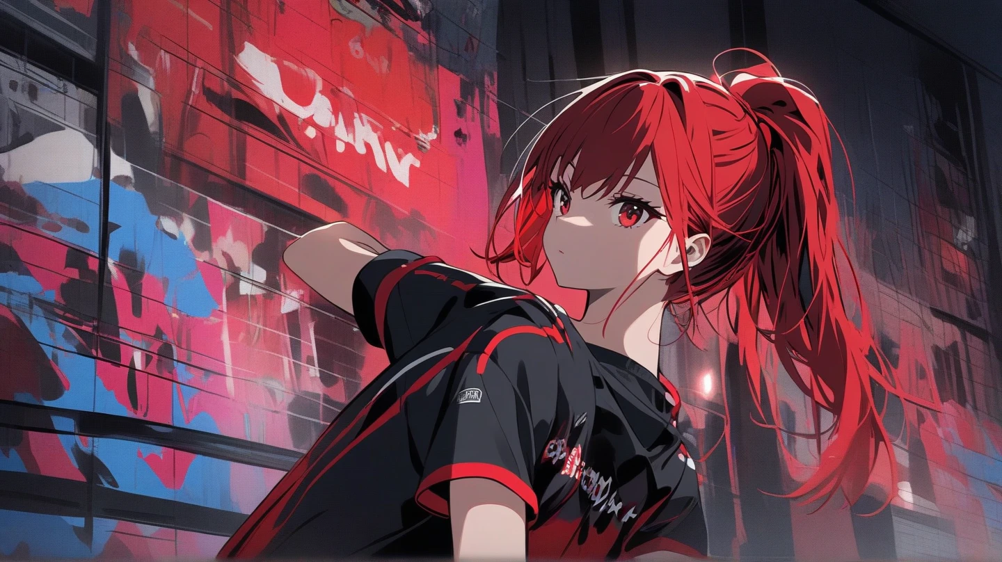 girl anime, 15 years, selfie, head-set, music, red eyes, red hair, angry, fire background