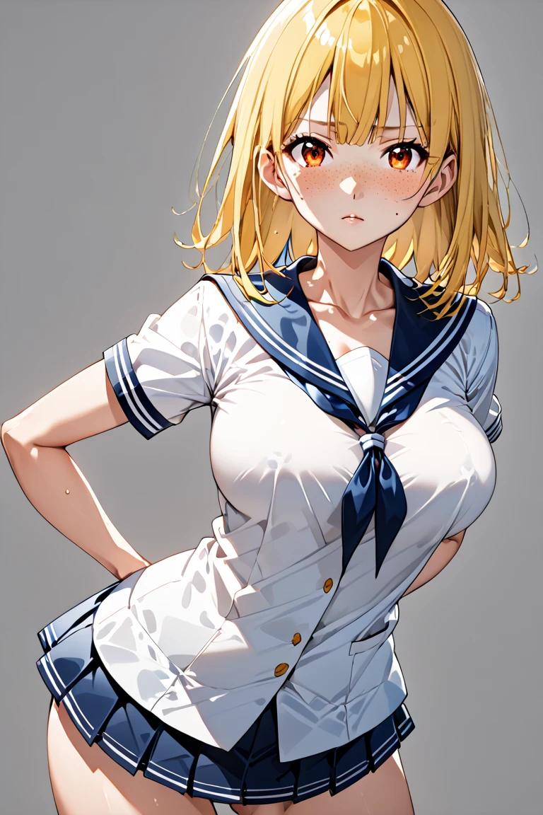 One young asian girl、Sailor suit, bangs、freckles、high school girl、Slender、Slender body、sexy pose, arms behind back, yellow hair, big orange eyes, (anime), manga, big breasts, cleavage, (solid background), 